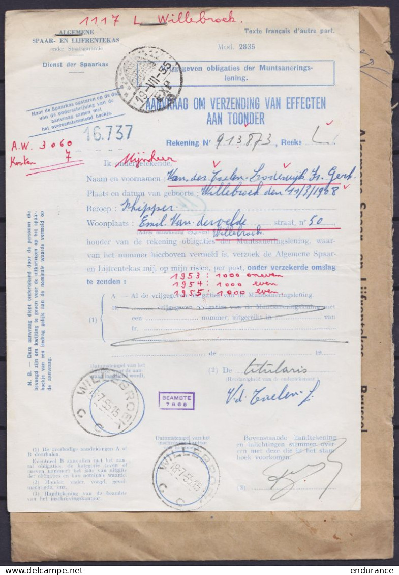 Env. Assurée "Algemene Spaar- En Lijfrentekas" Affr. N°696+965 Càd BRUXELLES-BRUSSEL /27-7-1955 Pour WILLEBROEK Retour à - 1936-1957 Open Collar