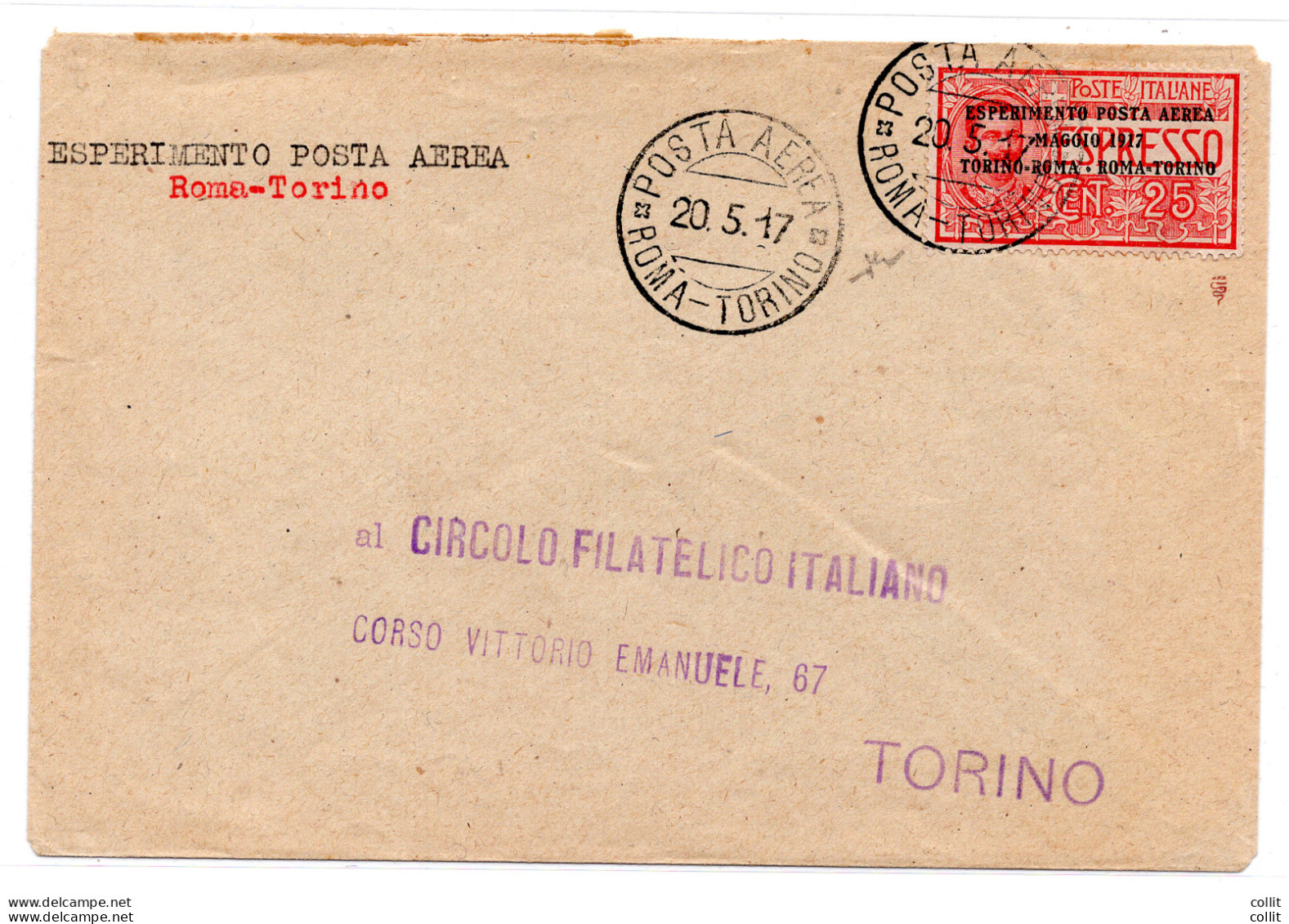 1917 Roma - Torino Del 20 Maggio - Aerogramma Del I° Volo De Bernardi - Storia Postale (Posta Aerea)