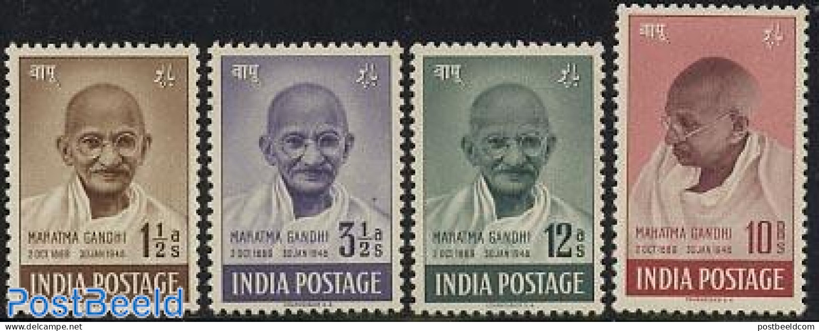 India 1948 Independence 4v, Gandhi, Unused (hinged), History - Gandhi - Politicians - Unused Stamps