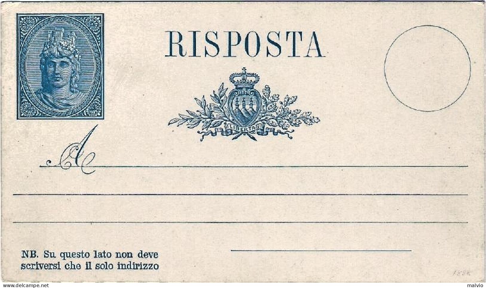 1882-San Marino Cartolina Postale Libertas Nuova, Risposta, 15+0c.azzurro - Interi Postali