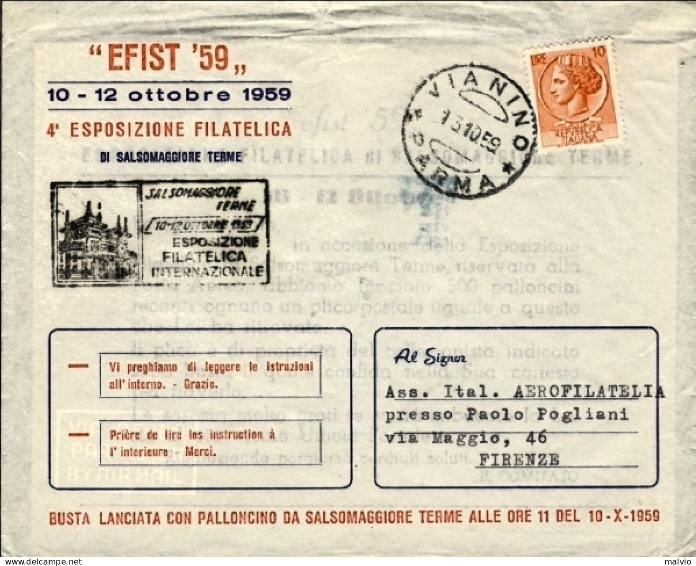 1959-busta Lanciata Con Palloncino Da Salsomaggiore Terme Il 10 Ottobre E Risped - Airmail