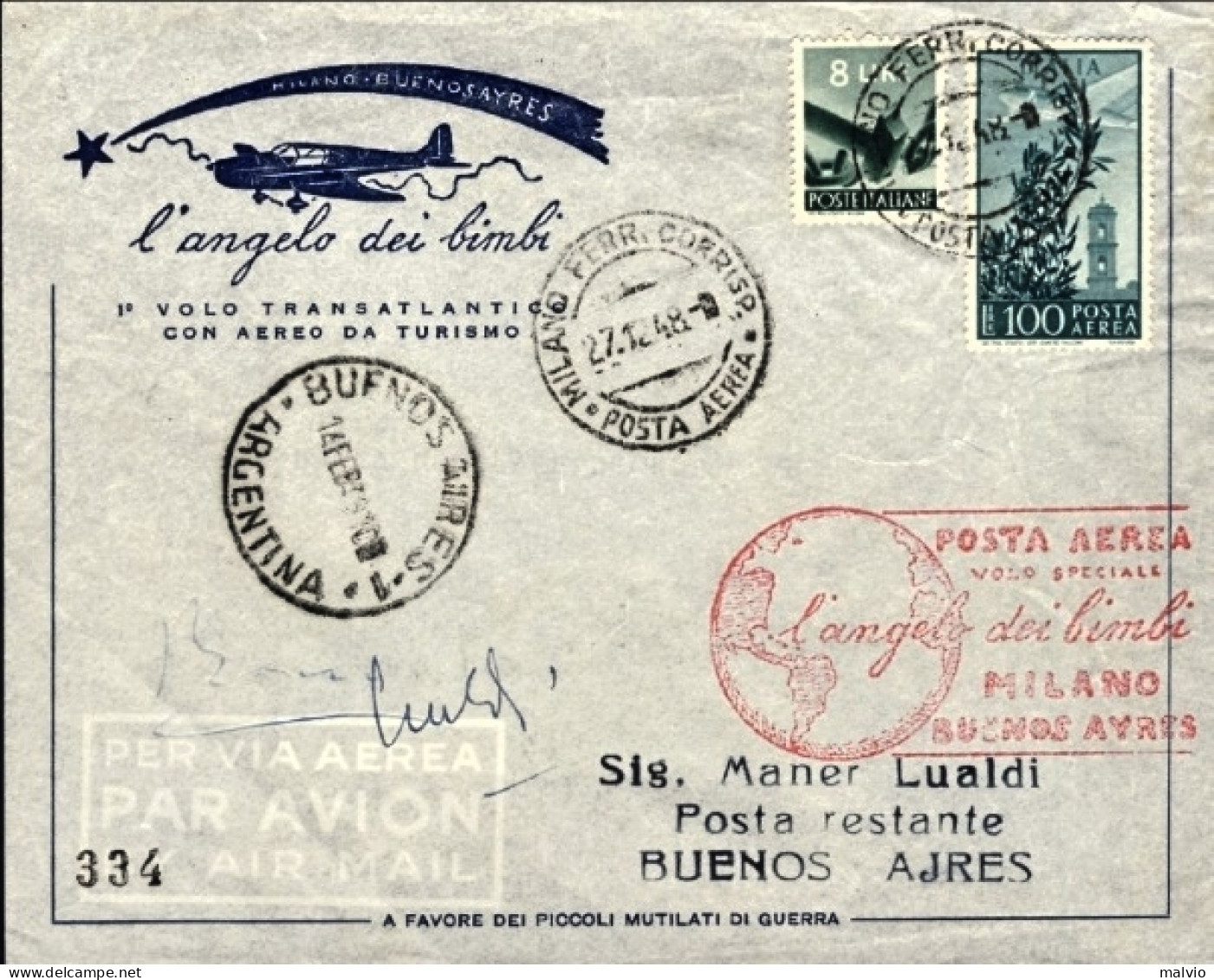 1948-I^volo Transatlantico Con Aereo Da Turismo L'angelo Dei Bimbi Milano-Buenos - Airmail