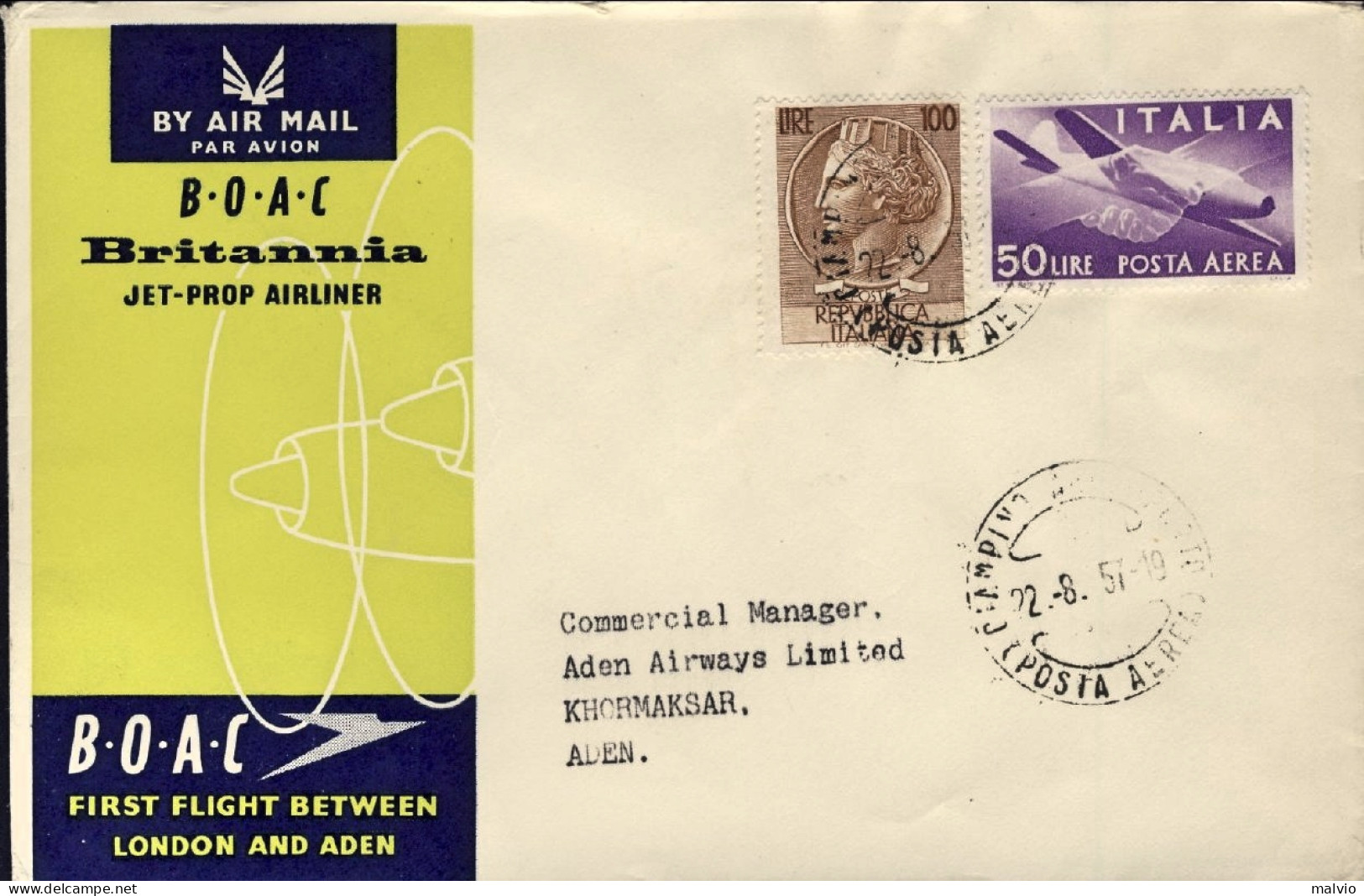 1957-catalogo Pellegrini N.752 Euro 120, BOAC I^volo Roma-Aden Del 22 Agosto - Airmail