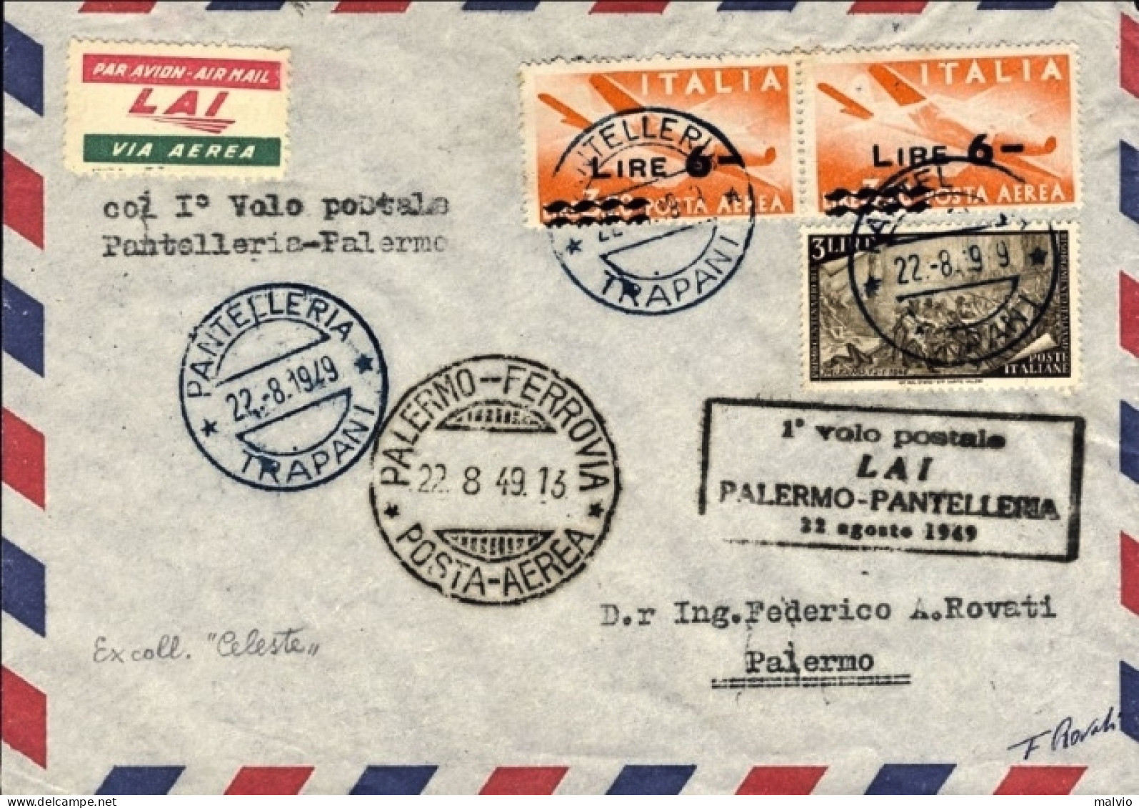 1949-cat.Pellegrini N.330 Euro 170, I^volo Postale LAI Palermo-Pantelleria Del 2 - Airmail