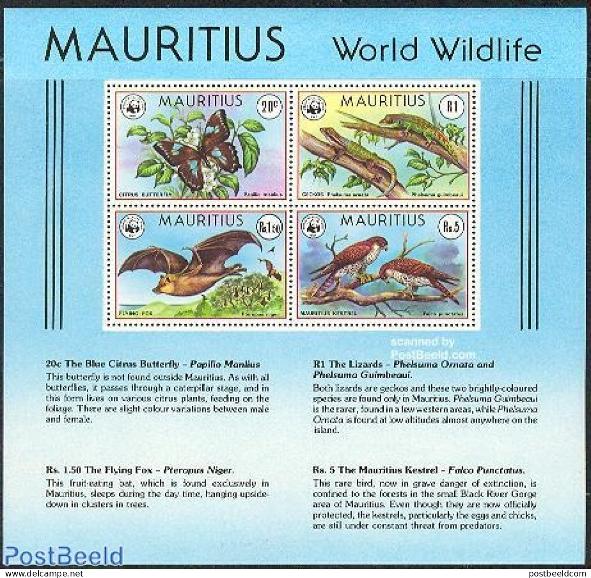 Mauritius 1978 WWF Animals S/s, Mint NH, Nature - Animals (others & Mixed) - Birds - Birds Of Prey - Butterflies - Rep.. - Mauricio (1968-...)
