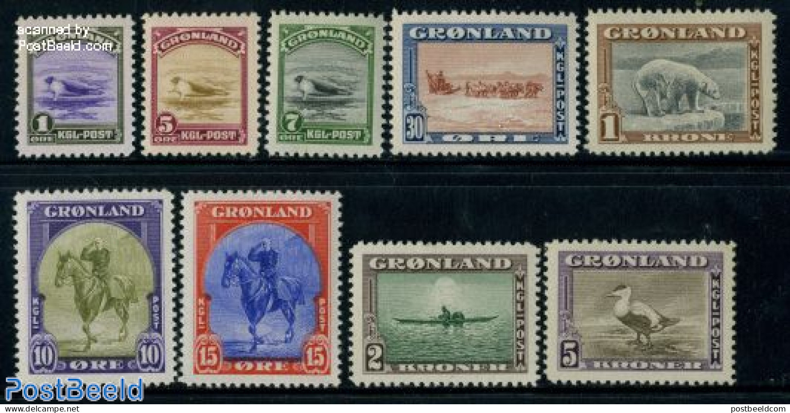 Greenland 1945 Definitives 9v, Unused (hinged), Nature - Sport - Animals (others & Mixed) - Bears - Birds - Dogs - Hor.. - Neufs