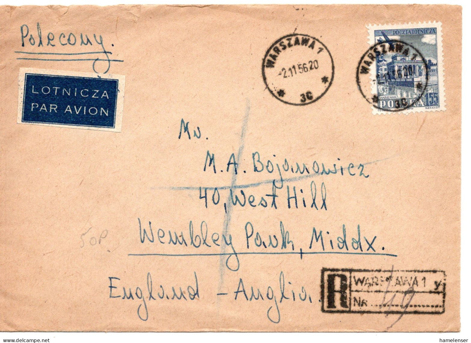 75907 - Polen - 1956 - Zl.1,55 Luftpost EF A R-LpBf WARSZAWA -> Grossbritannien - Lettres & Documents