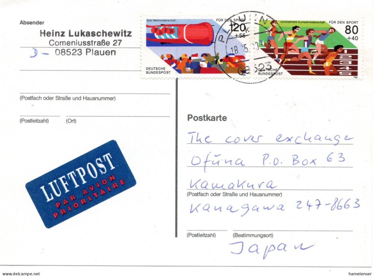 75913 - Bund - 2000 - Sport '86 Kpl A LpKte PLAUEN -> Japan - Covers & Documents