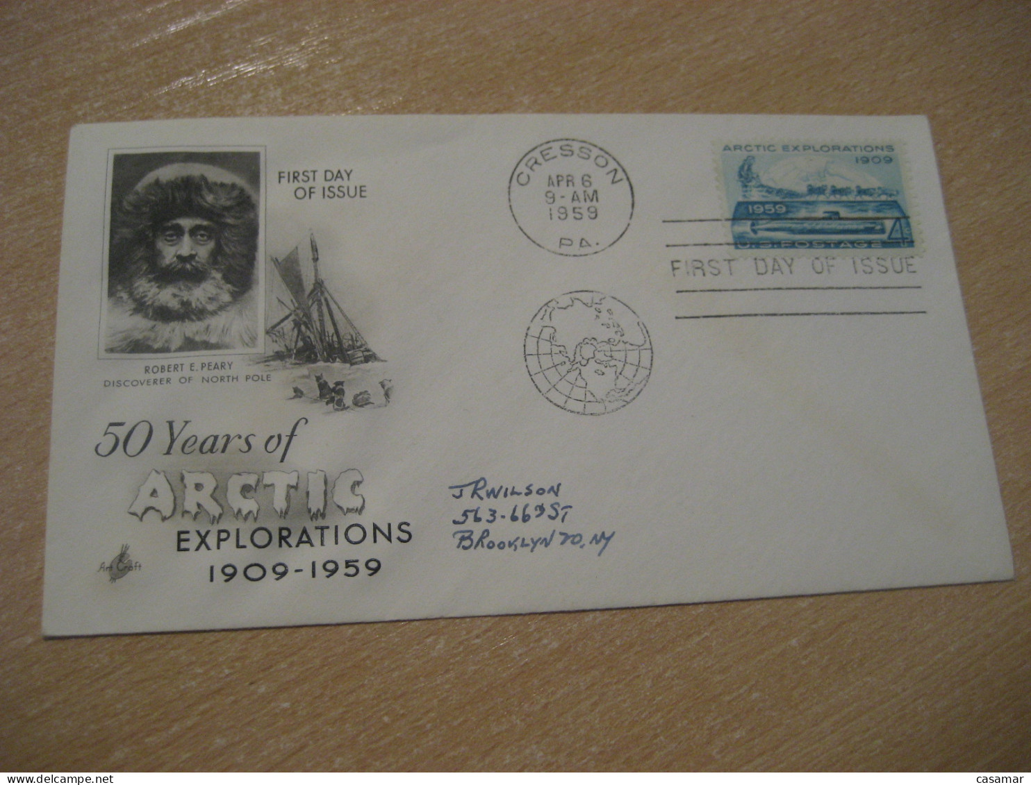 CRESSON 1959 Arctic Explorations Robert E Peary Discoverer North Pole Polar Arctic Submarine U-boot FDC Cancel Cover USA - Arctic Expeditions