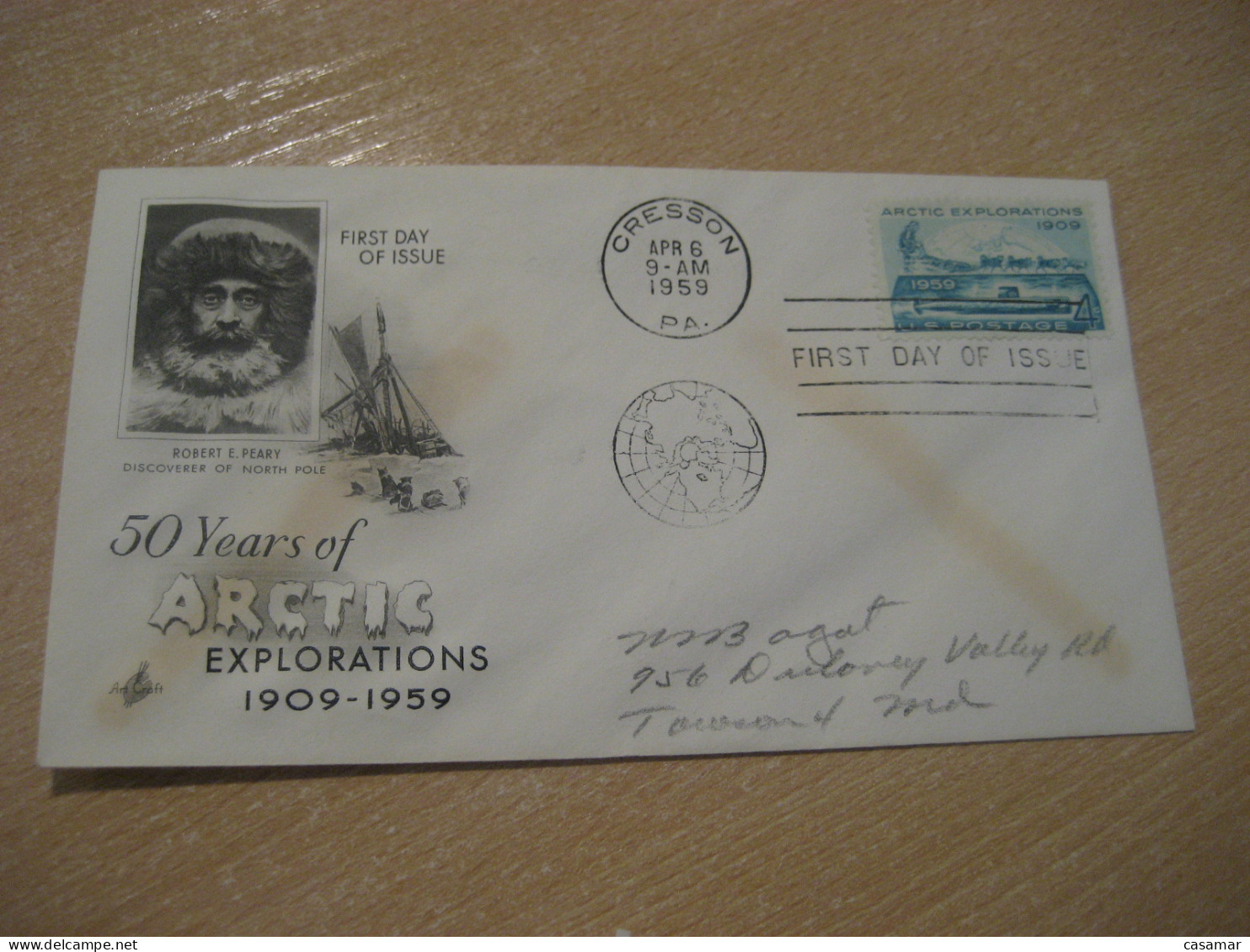 CRESSON 1959 Arctic Explorations Robert Peary Discoverer North Pole Polar Arctic Submarine U-boot FDC Cancel Cover USA - Submarines