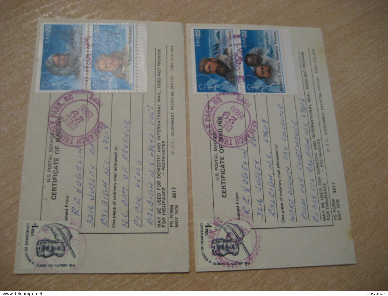 RALEIGH 1986 Kent Kane Stefansson Greely Henson 4 Stamp On 2 Cancel Certificate Document USA North Pole Polar Arctic - Expéditions Arctiques