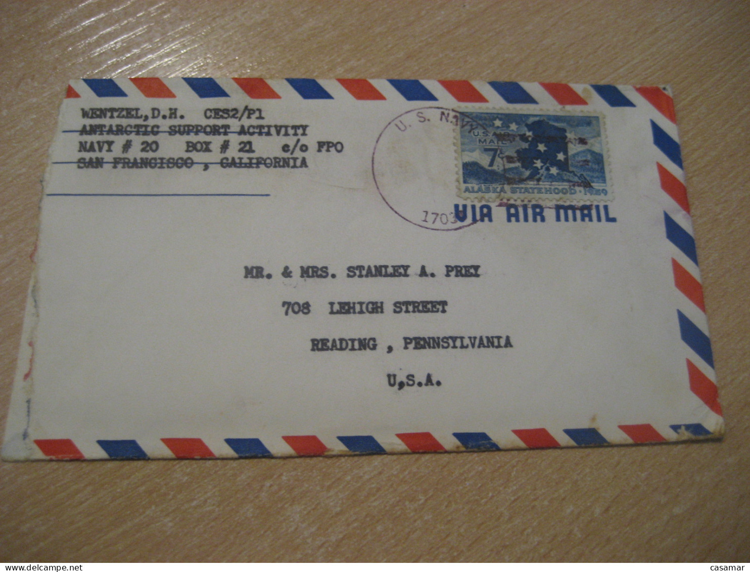 US NAVY Antarctic Support Activity 1962 To Reading Cancel Cover USA South Pole Polar Antarctique Antarctics Antarctica - Navires & Brise-glace