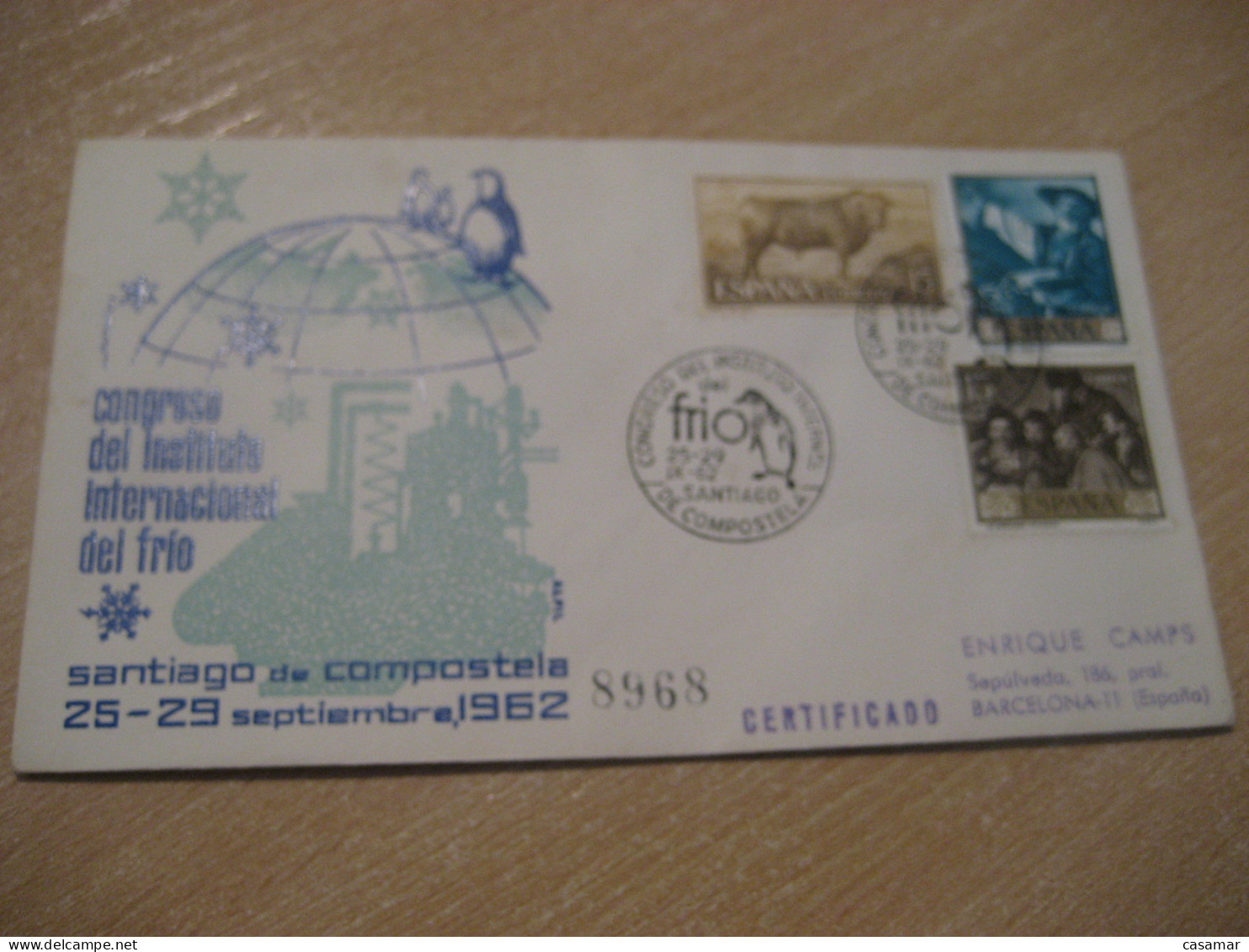 SANTIAGO DE COMPOSTELA 1962 Congreso Frio Penguin Cancel Cover SPAIN South Pole Polar Antarctique Antarctics Antarctica - Autres & Non Classés