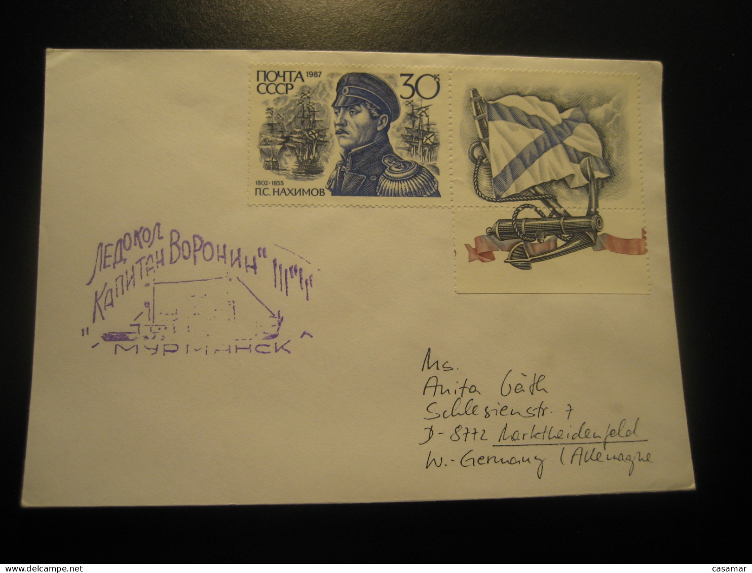 To Marktheidenfeld Germany MURMANSK Ship Cancel Cover RUSSIA Pole Polar Arctic Antarctic - Altri & Non Classificati