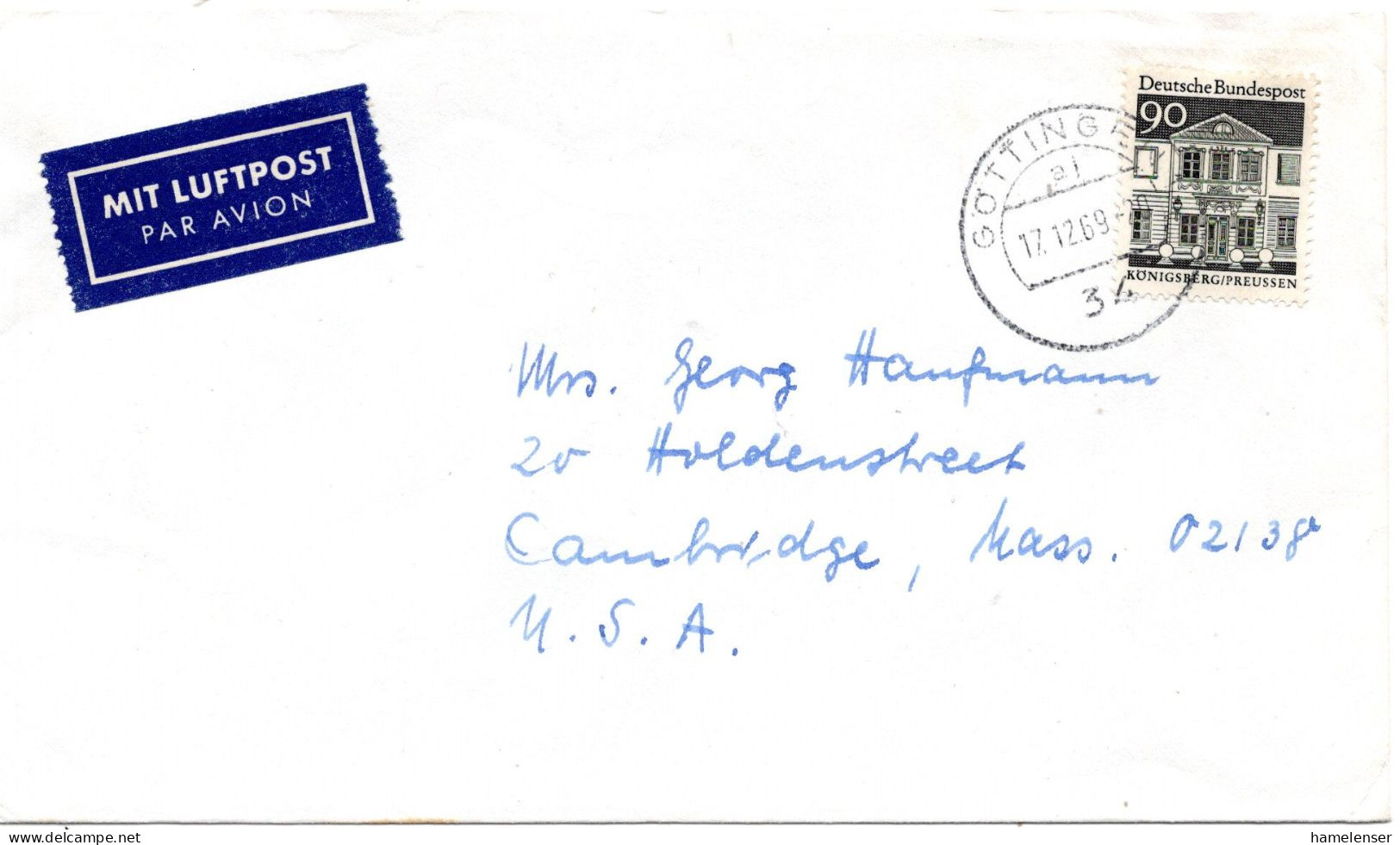 75925 - Bund - 1969 - 90Pfg Gr Bauten EF A LpBf GOETTINGEN -> Cambridge, MA (USA) - Lettres & Documents