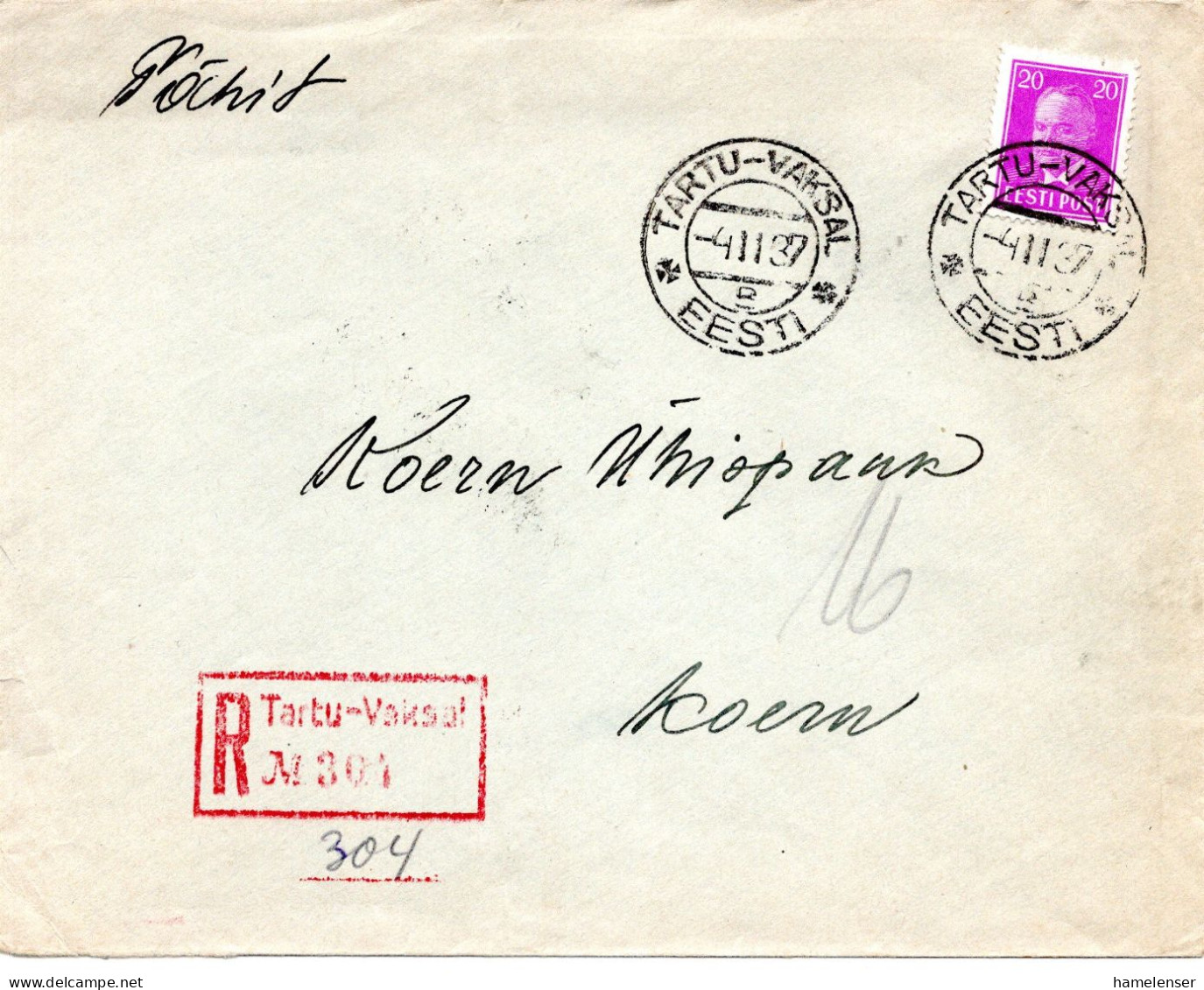 75926 - Estland - 1937 - 20S Praesident EF A R-Bf TARTU -> KOERU - Estonia