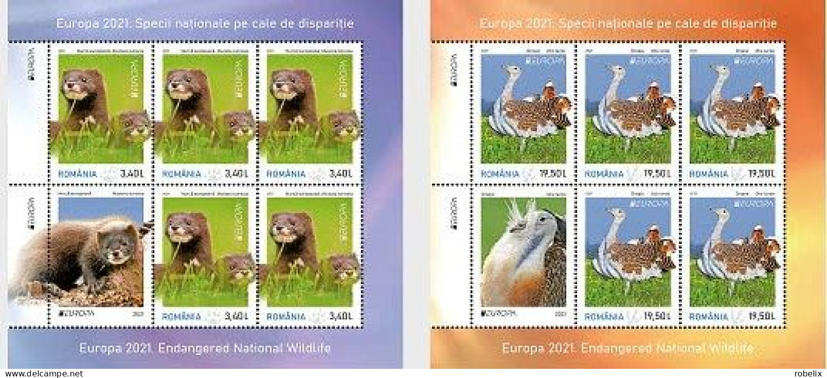 ROMANIA - EUROPA CEPT- 2021 - ENDANGERED  WILDLIFE - Minisheets Of 5 Stamps +1 Label  MNH** - 2021