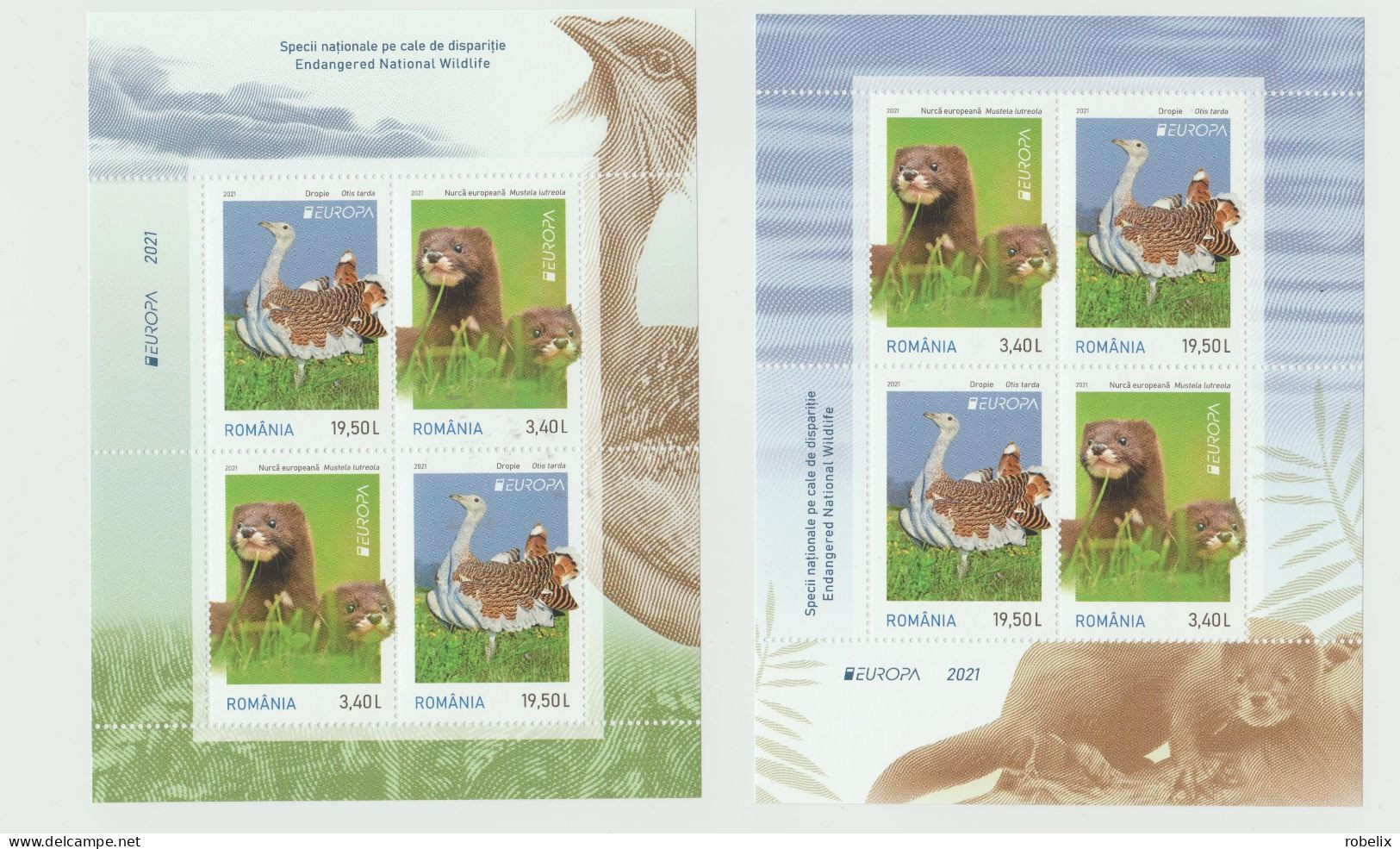 ROMANIA - EUROPA CEPT- 2021 - ENDANGERED  WILDLIFE - M/S - Blocks  I + II With 4 Stamps(2 Sets)  MNH** - 2021