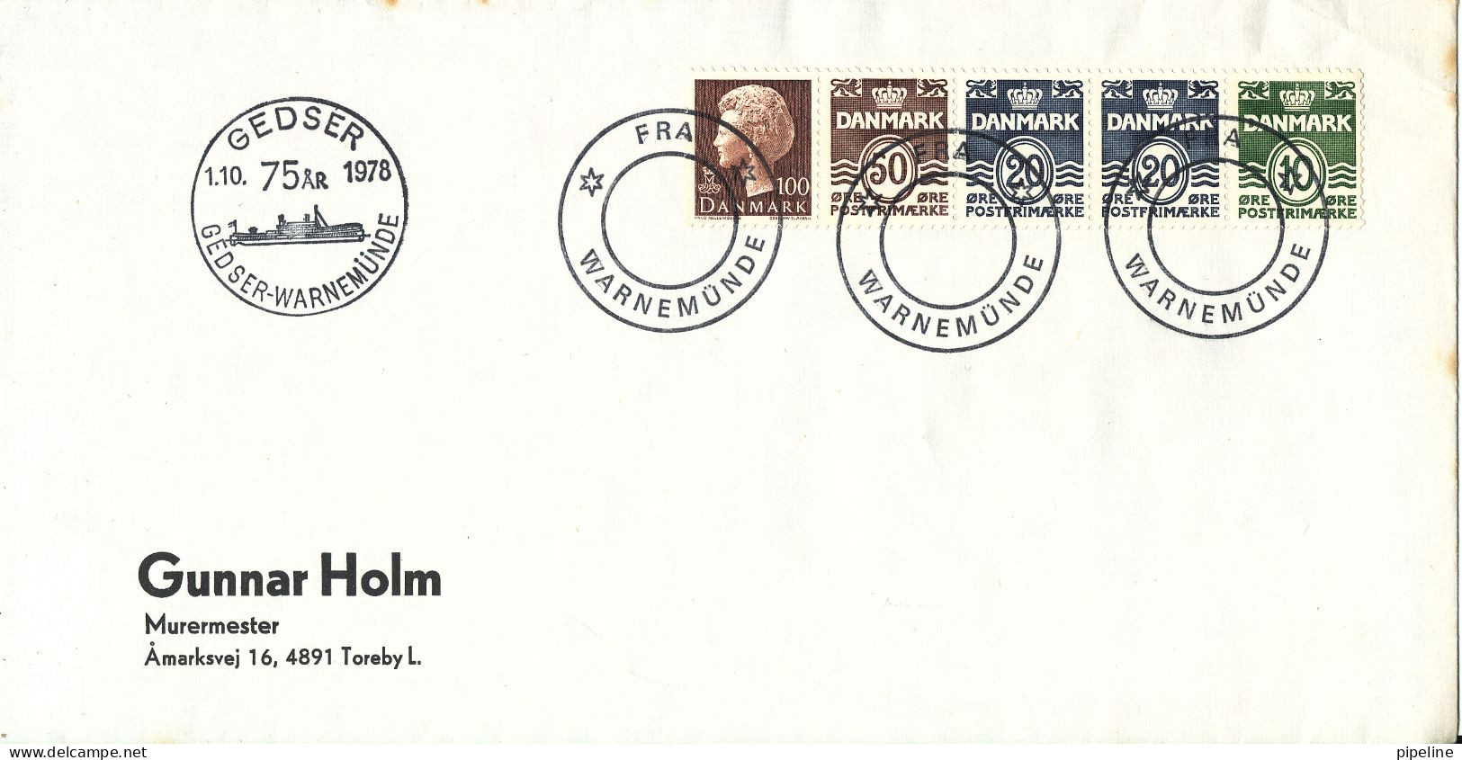 Denmark Cover Gedser 1-10-1978 Gedser - Warnemünde 75 Years 5 Stripe From Booklet Shipcancel Fra Warnemünde - Covers & Documents