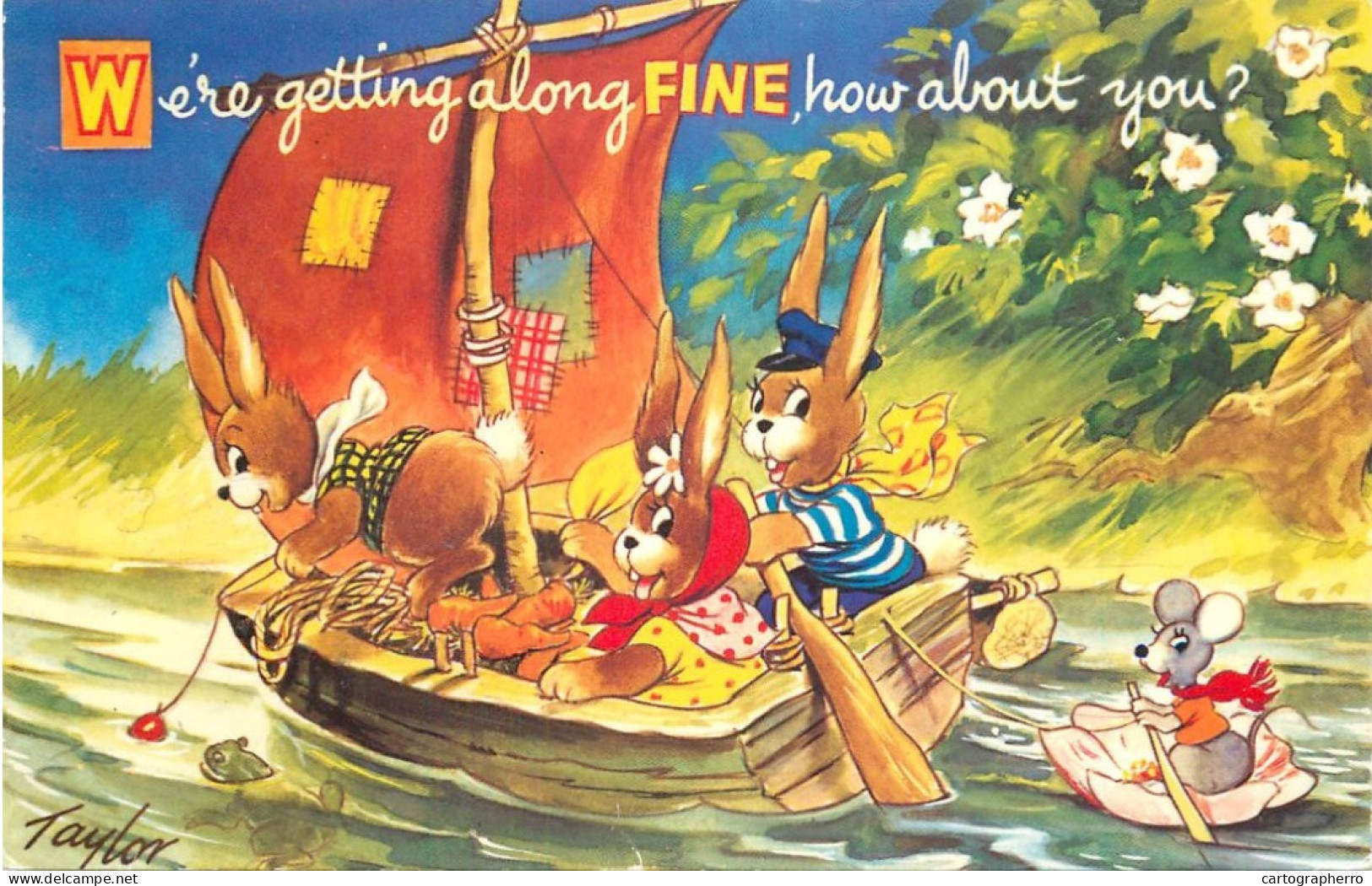 Postcard Comic Taylor Humanized Rabbits In A Sail Boat - Bandes Dessinées