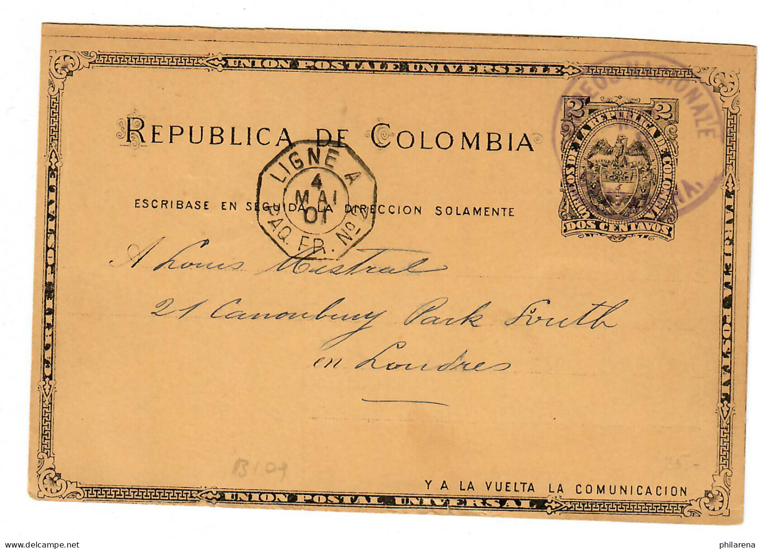 Ganzsache Nach London 1901 über Französische Schiffspost - Colombia