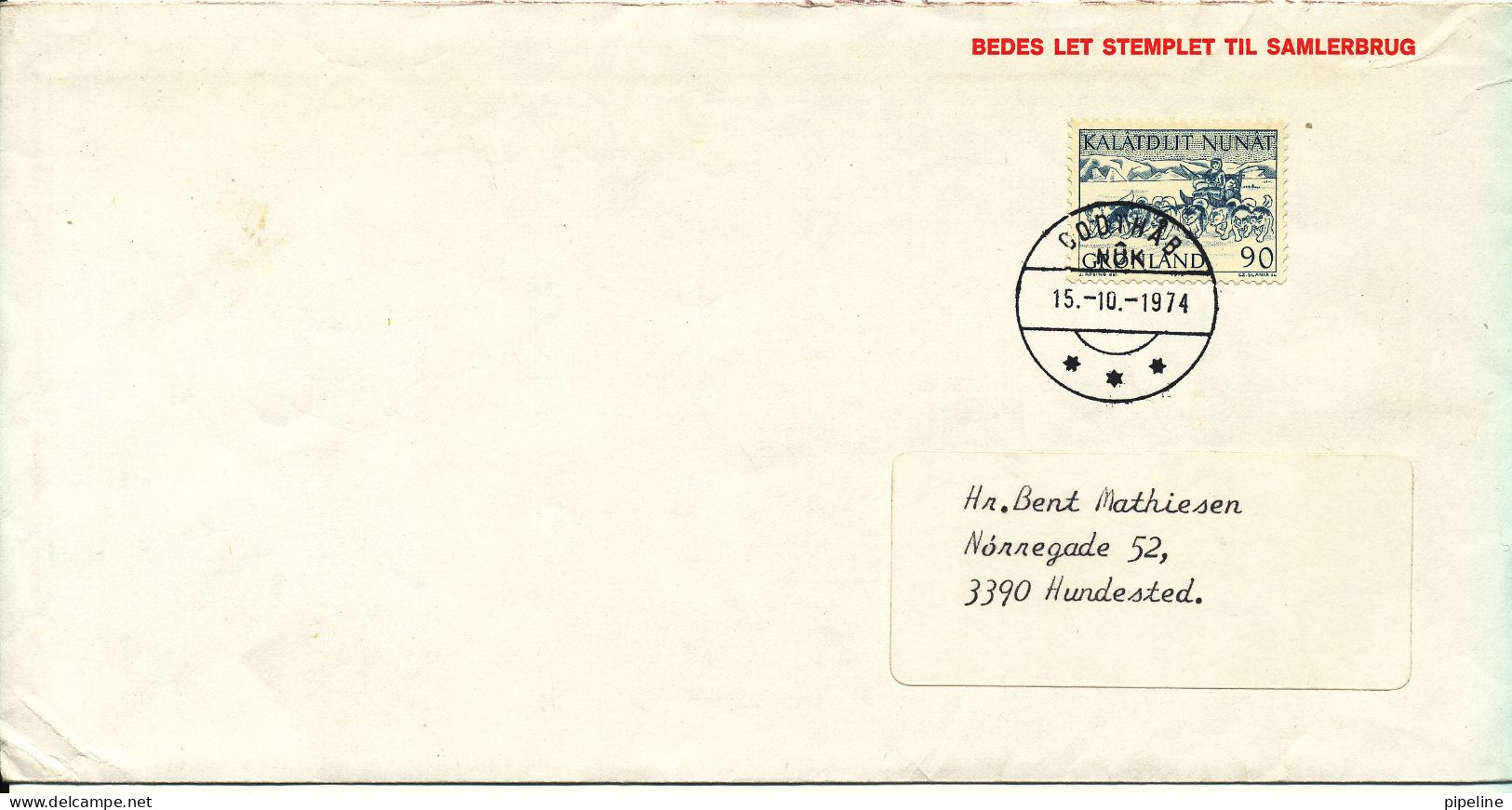 Greenland Cover Sent To Denmark 15-10-1974 Single Franked - Storia Postale