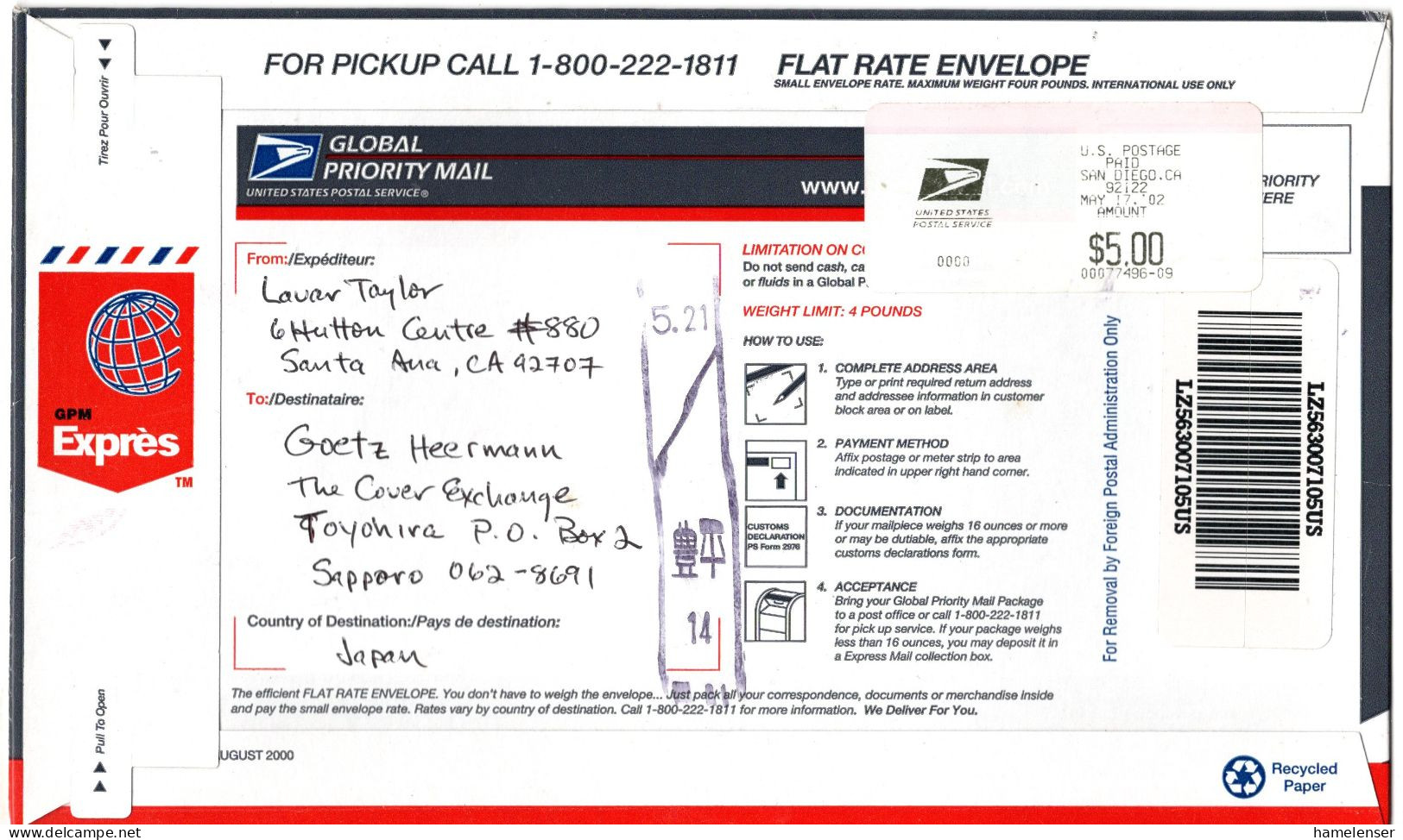 L75938 - USA - 2002 - $5,00 Postfreistpl A Global Priority-Bf SAN DIEGO -> TOYOHIRA (Japan) - Cartas & Documentos