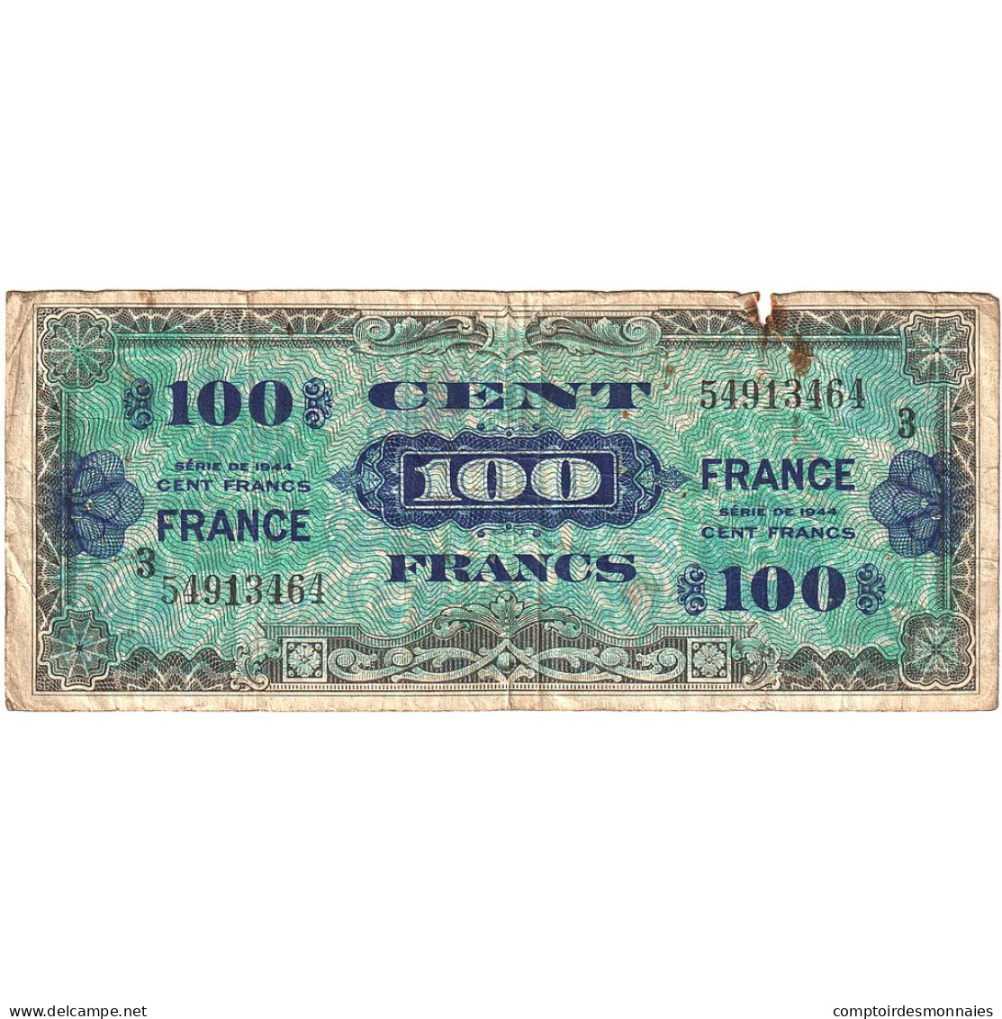 France, 100 Francs, Drapeau/France, 1944, 54913464, TB, Fayette:VF25.03, KM:123c - 1944 Flagge/Frankreich