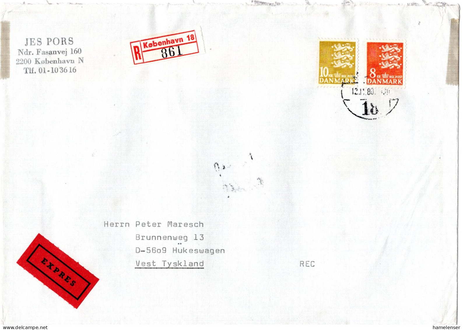 L75945 - Dänemark - 1980 - 10Kr Wappen MiF A R-EilBf KOBENHAVN -> RADEVORMWALD (Westdeutschland) - Storia Postale