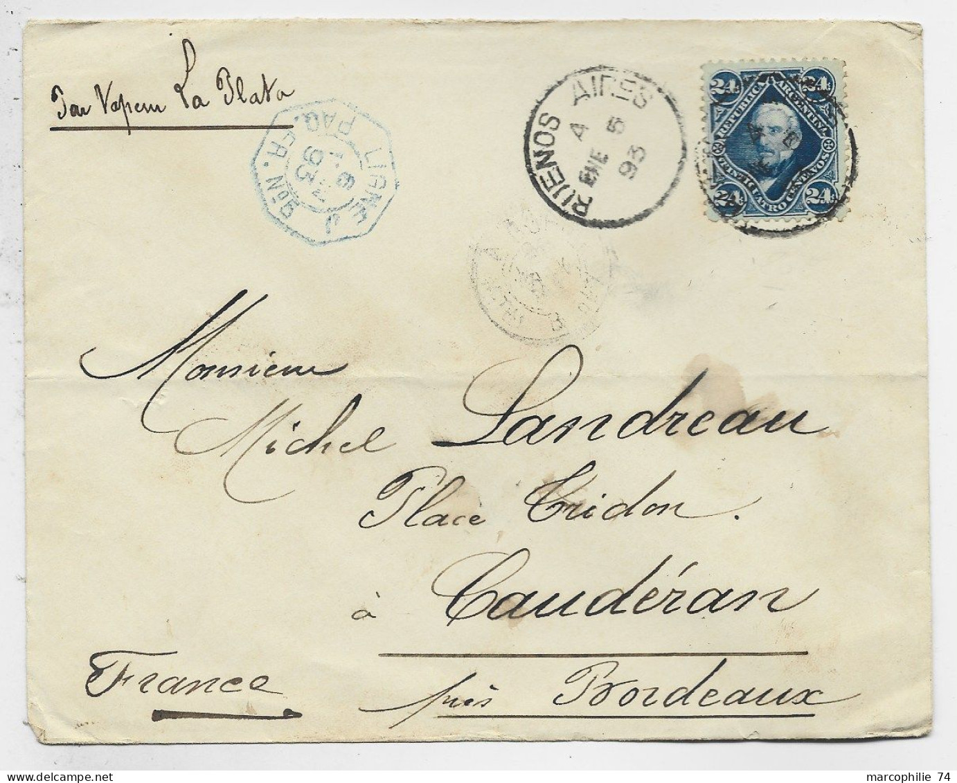 ARGENTINA 24C SOLO LETTRE COVER BUENOS AIRES 1893  TO FRANCE PAR BRESIL - Covers & Documents