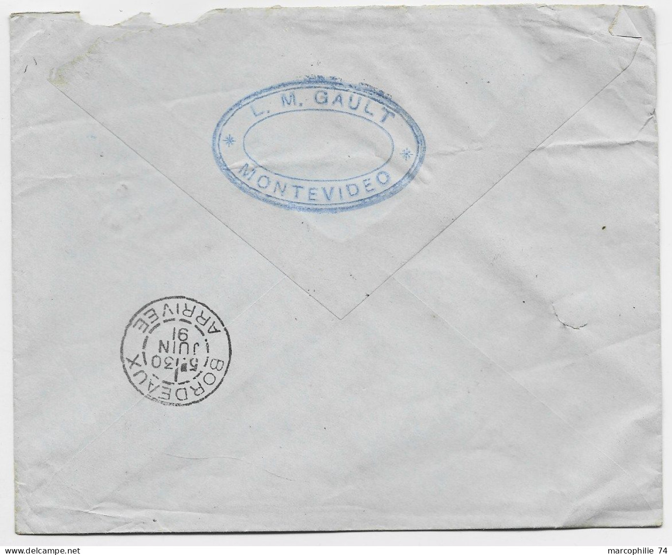 URUGUAY 10C SOLO LETTRE COVER MONTEVIDEO 1891 TO FRANCE STEAMER PORTUGAL + MARITIME BLEU LIGNE J PAQ FR N° 2 - Uruguay