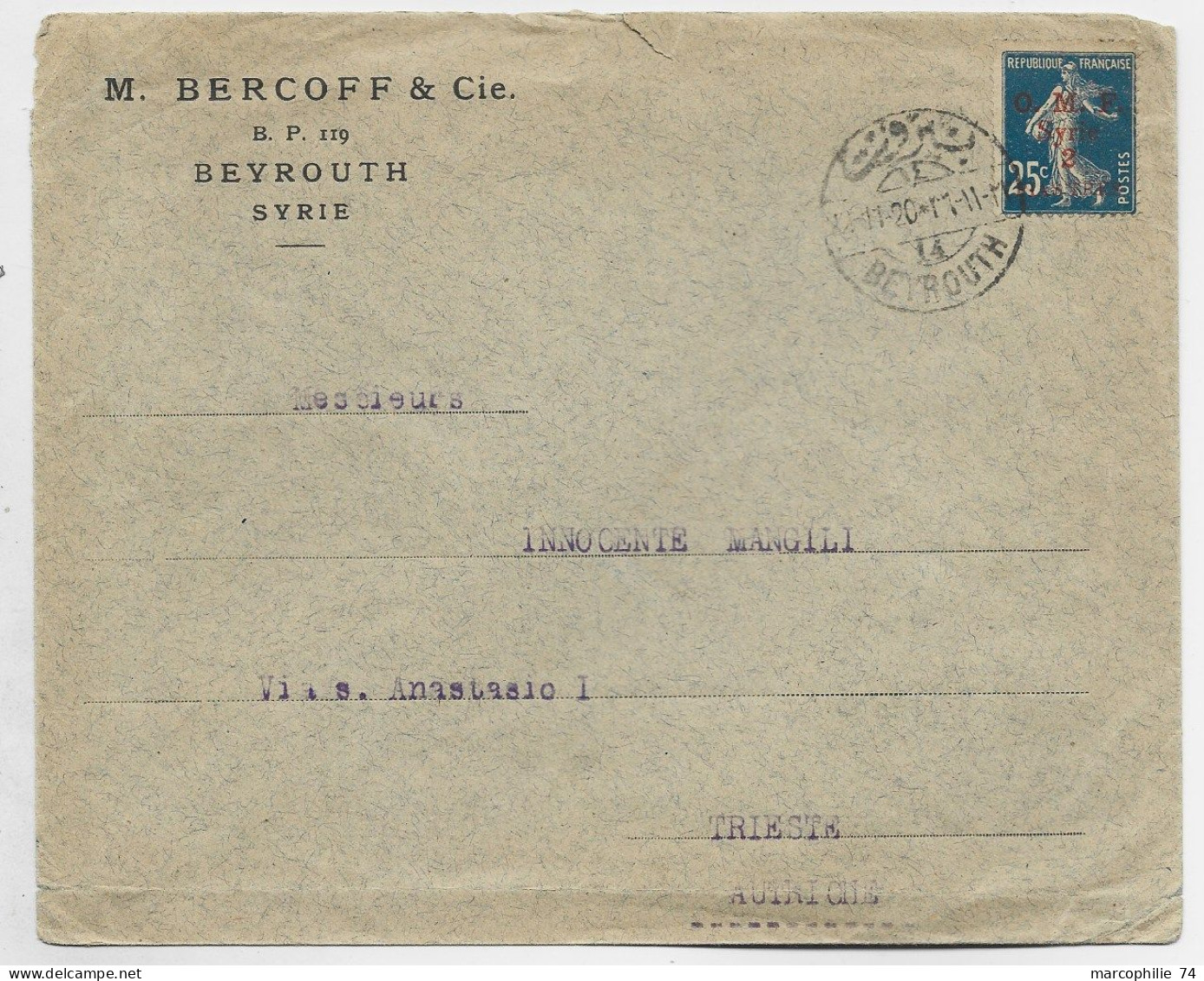 OMF SYRIE SYRIE 25C SEMEUSE LETTRE COVER BEYROUTH 1920 LEBANON TO AUTRICHE AUSTRIA - Storia Postale