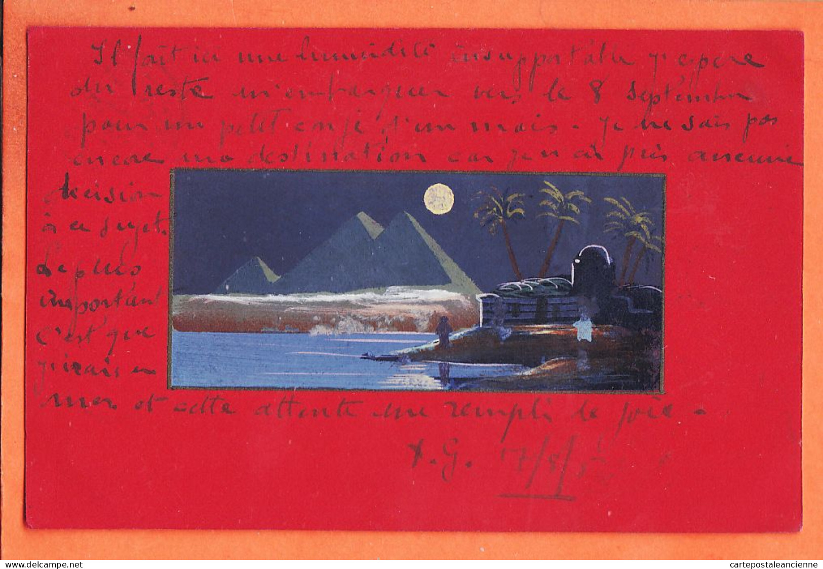 11003 / ⭐ Egypte ◉ Carte Artisanale Unique ◉ Ajouti Aquarelle Pyramides Clair Lune 1905 à Madeleine CHAPLAIN Plancy - Pyramides