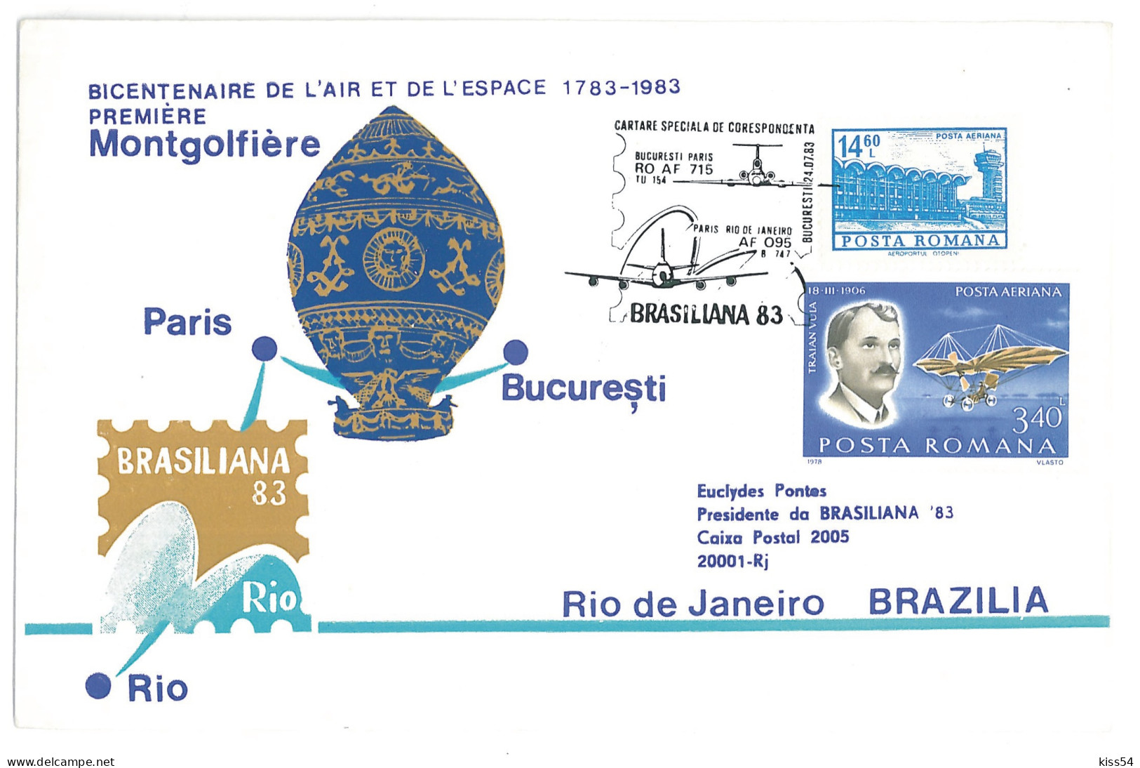COV 24 - 266-a AIRPLANE, Flight BUCURESTI, PARIS, RIO De JANEIRO - Cover - Used - 1983 - Lettres & Documents