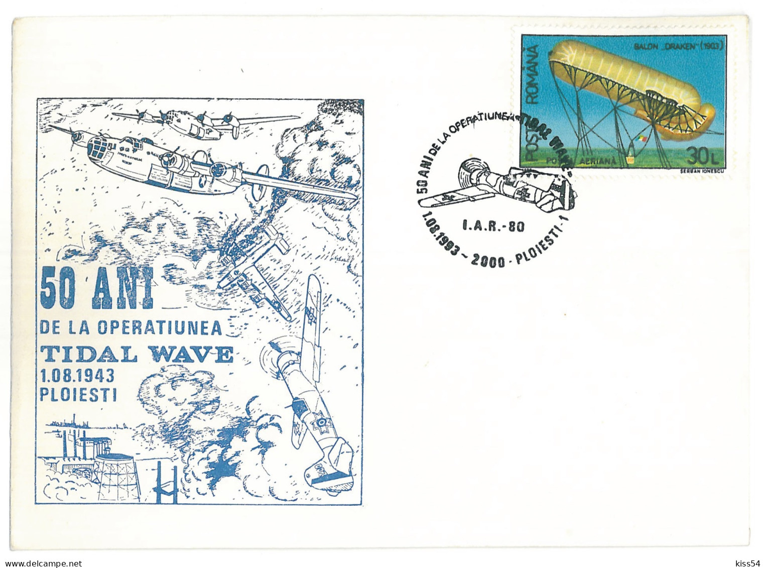 COV 24 - 204 AIRPLANE, PLOIESTI, 50 Years Since TIDAL WAVE, Romania - Cover - Used - 1993 - Covers & Documents