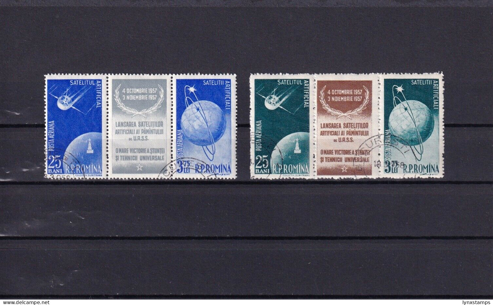 G016 Romania 1957 Airmail - The First Soviet Satellites Pairs + Label - Oblitérés