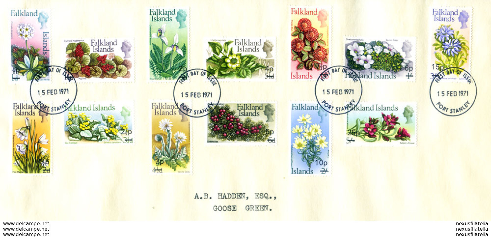 Definitiva. Fiori. Soprastampati 1971. FDC. - Islas Malvinas