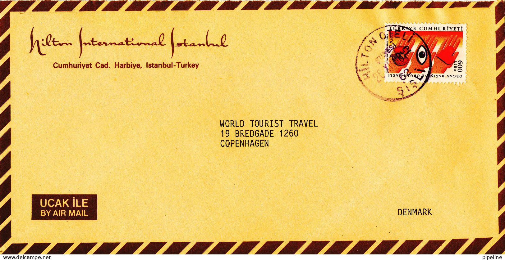 Turkey Cover Sent To Denmark 26-12-1988 Single Franked The Flap On The Backside Of The Cover Is Missing - Lettres & Documents