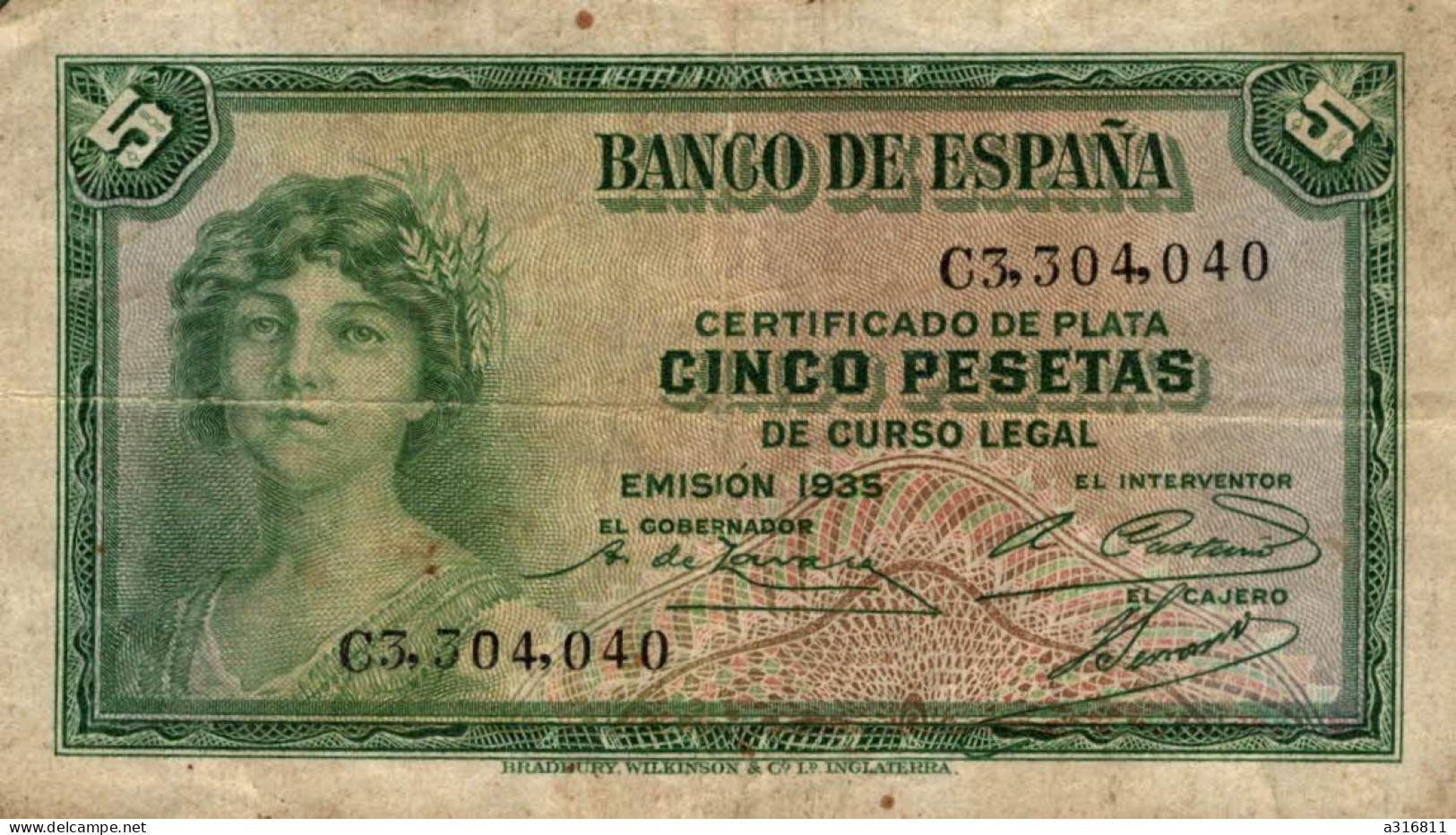 Billet Banco De  Espana Cinco Pesetas 1935 - Autres & Non Classés