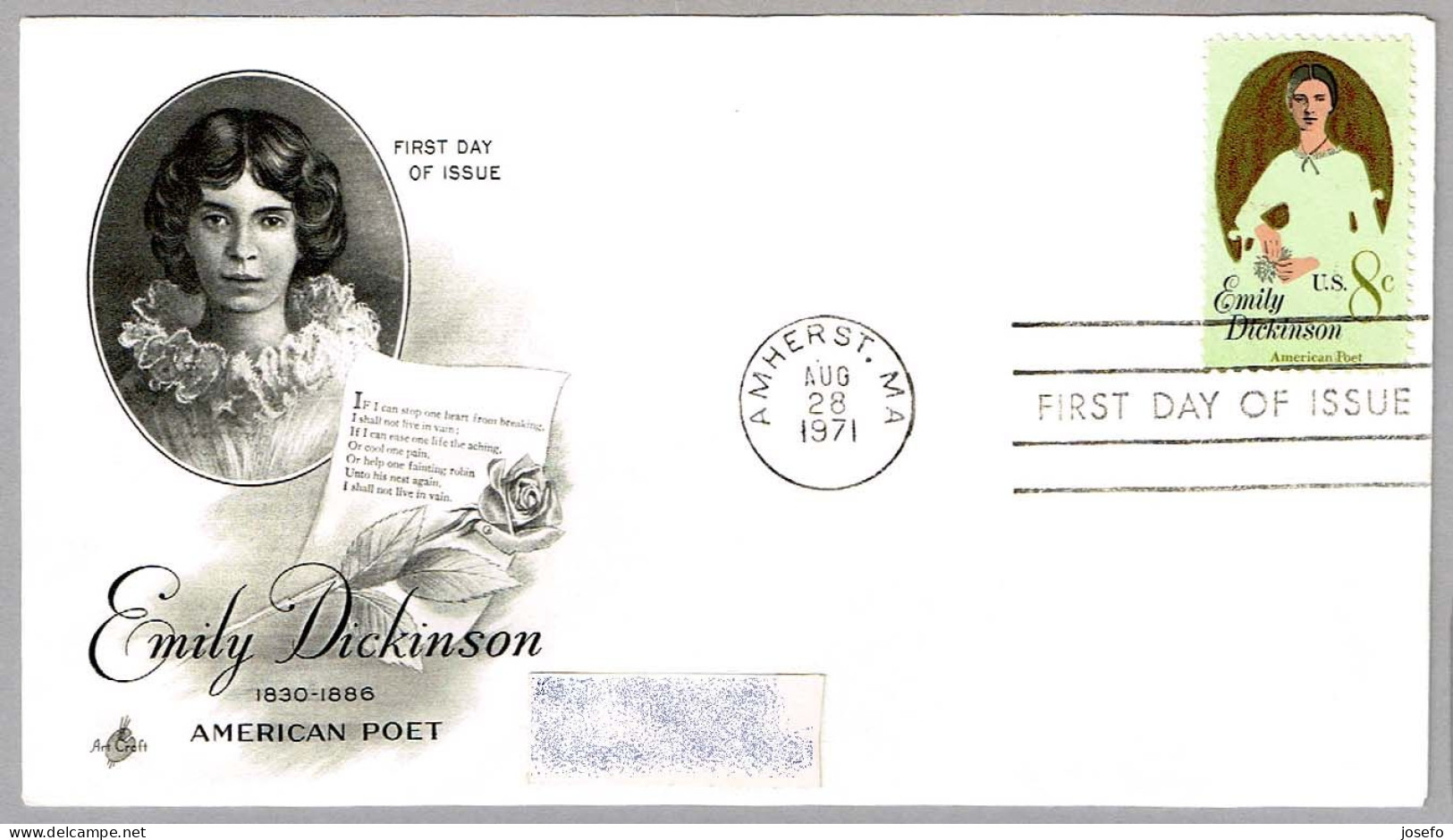 EMILY DICKINSON. FDC Amherst 1971 - Femmes Célèbres