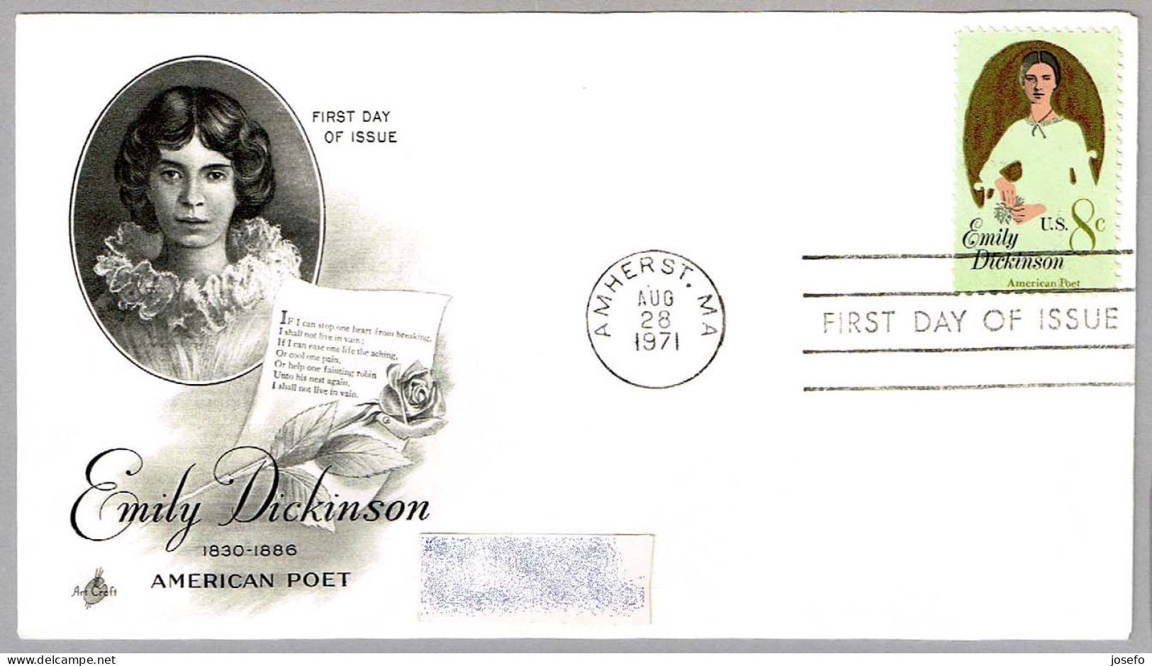 EMILY DICKINSON. FDC Amherst 1971 - Famous Ladies
