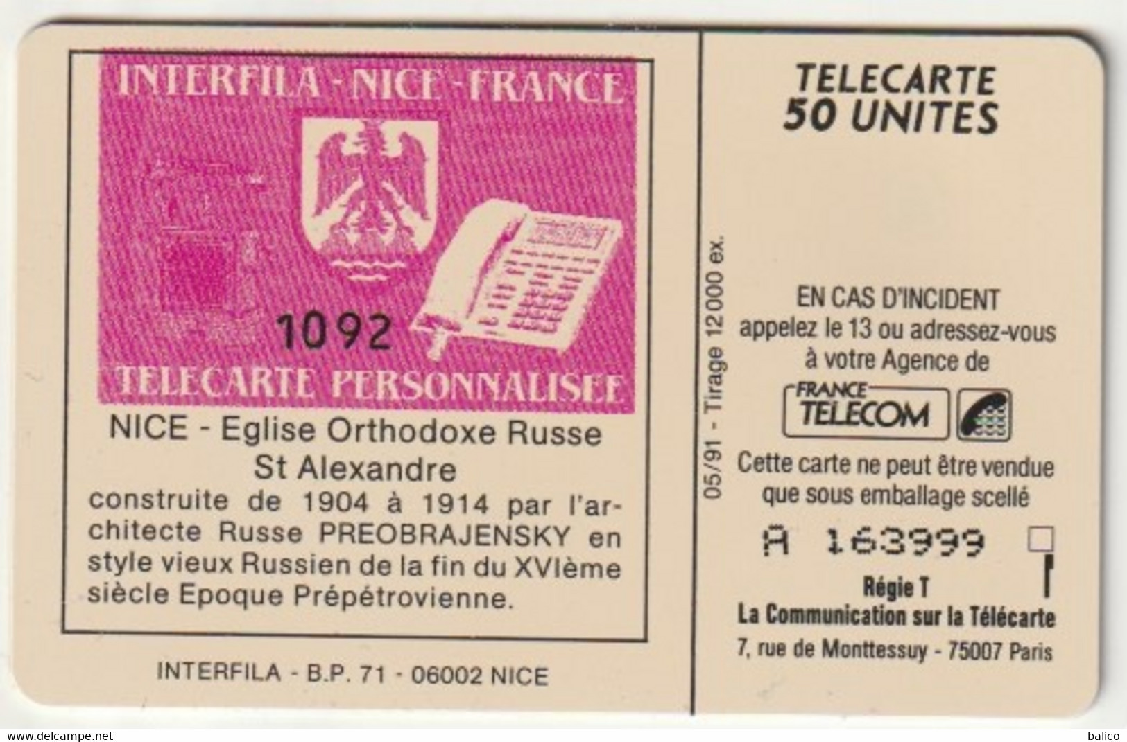 Interfila Nice - Eglise Russe - 50 Unités SO3 - - Réf, E69 / Argus 1999 - Phonecards: Private Use