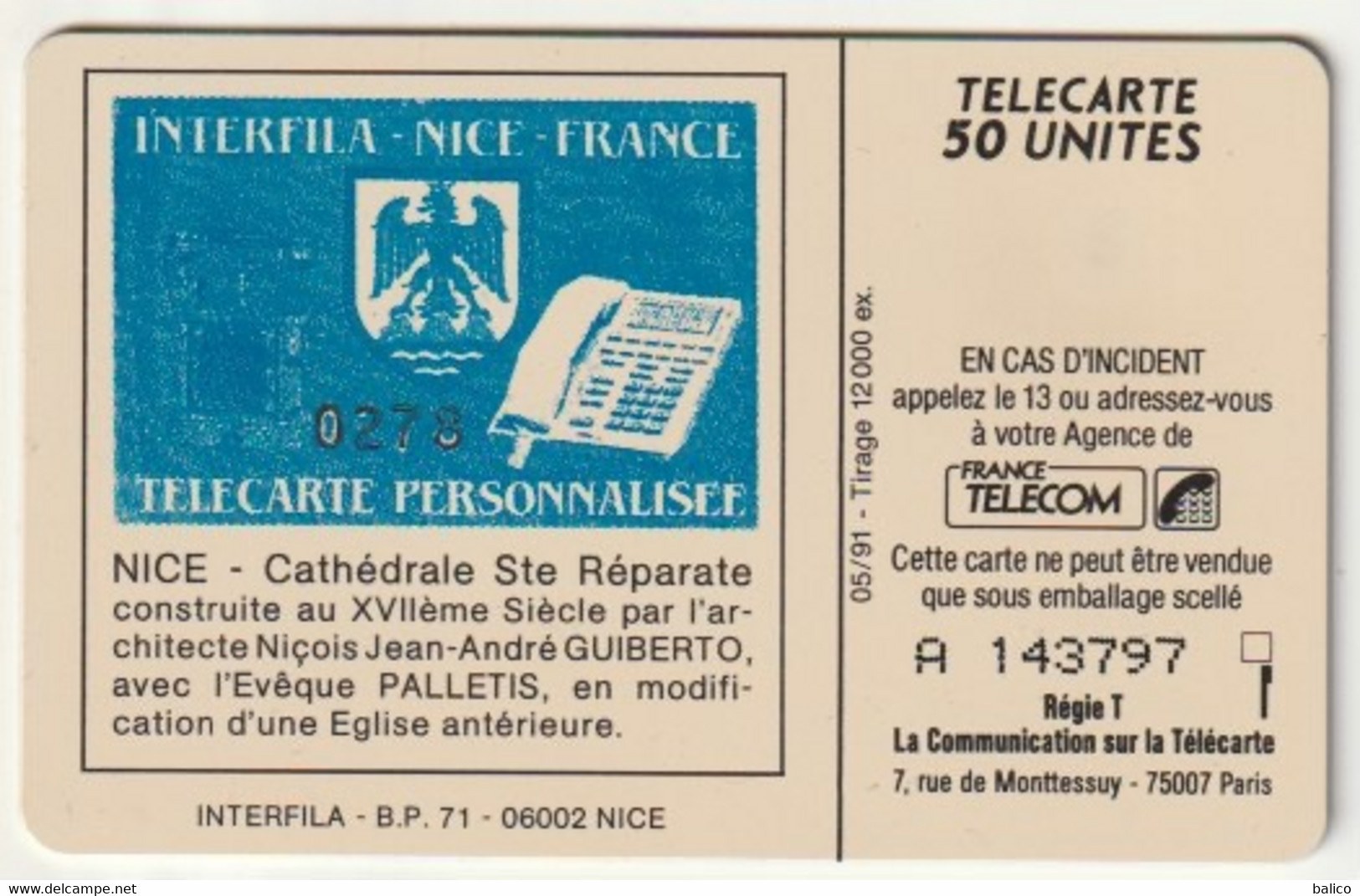 Interfila Nice - Sainte Réparate - 50 Unités SO3 - - Réf, E48 - Côte 24 €   ( Verso Bleu ) / Argus 1999 - Privées