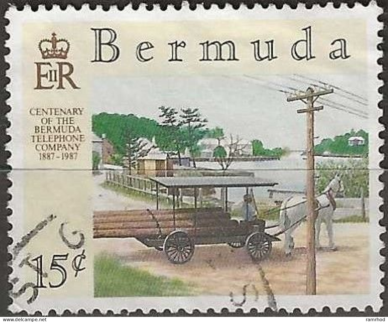 BERMUDA 1987 Centenary Of Bermuda Telephone Company - 15c. - 19th-century Wagon Carrying Telephone Poles FU - Bermudas