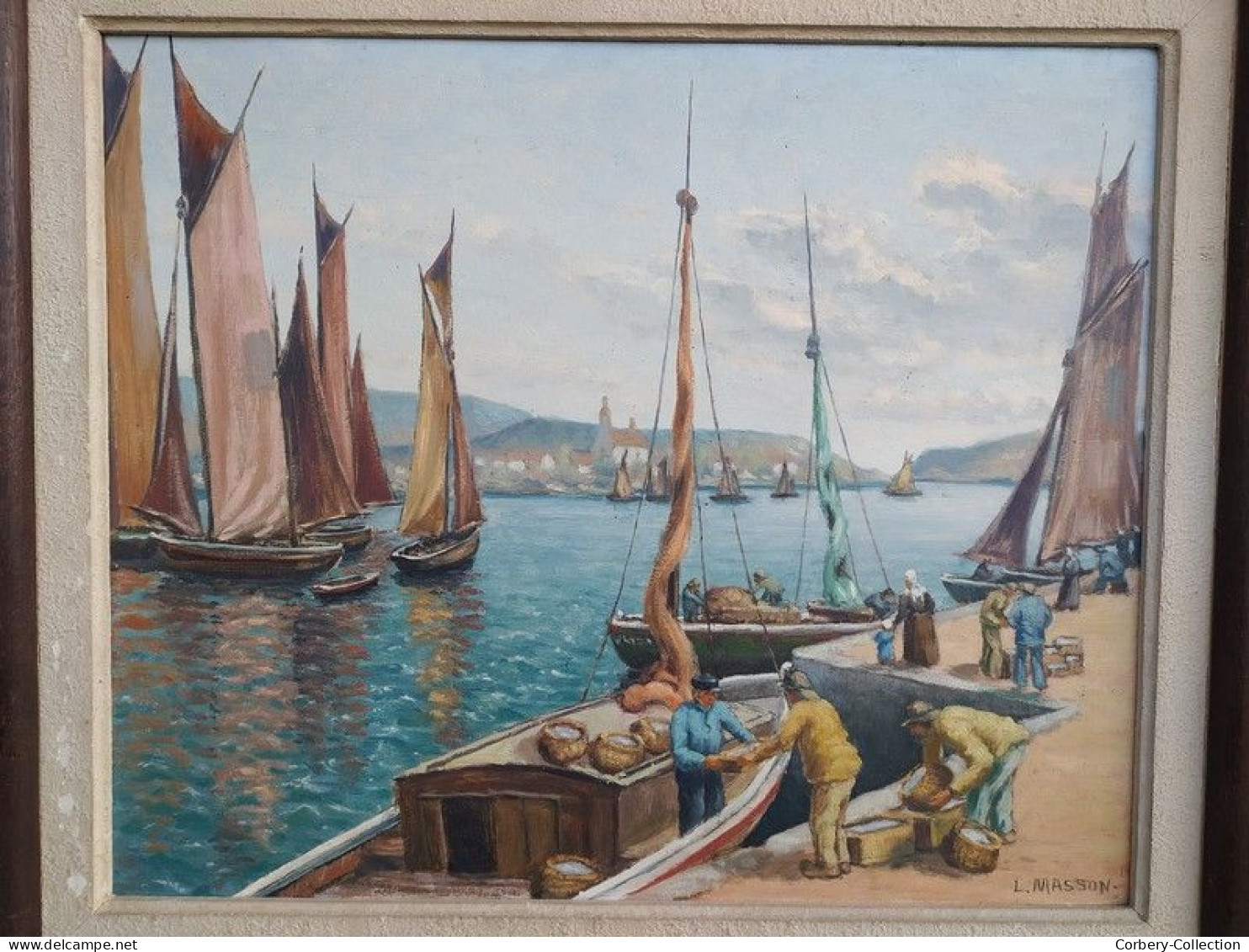 Ancien Tableau Marine Pêcheurs Bretagne Signé L. Masson Paysage Breton - Olieverf