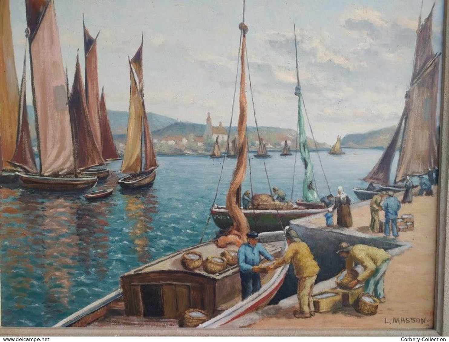 Ancien Tableau Marine Pêcheurs Bretagne Signé L. Masson Paysage Breton - Olieverf