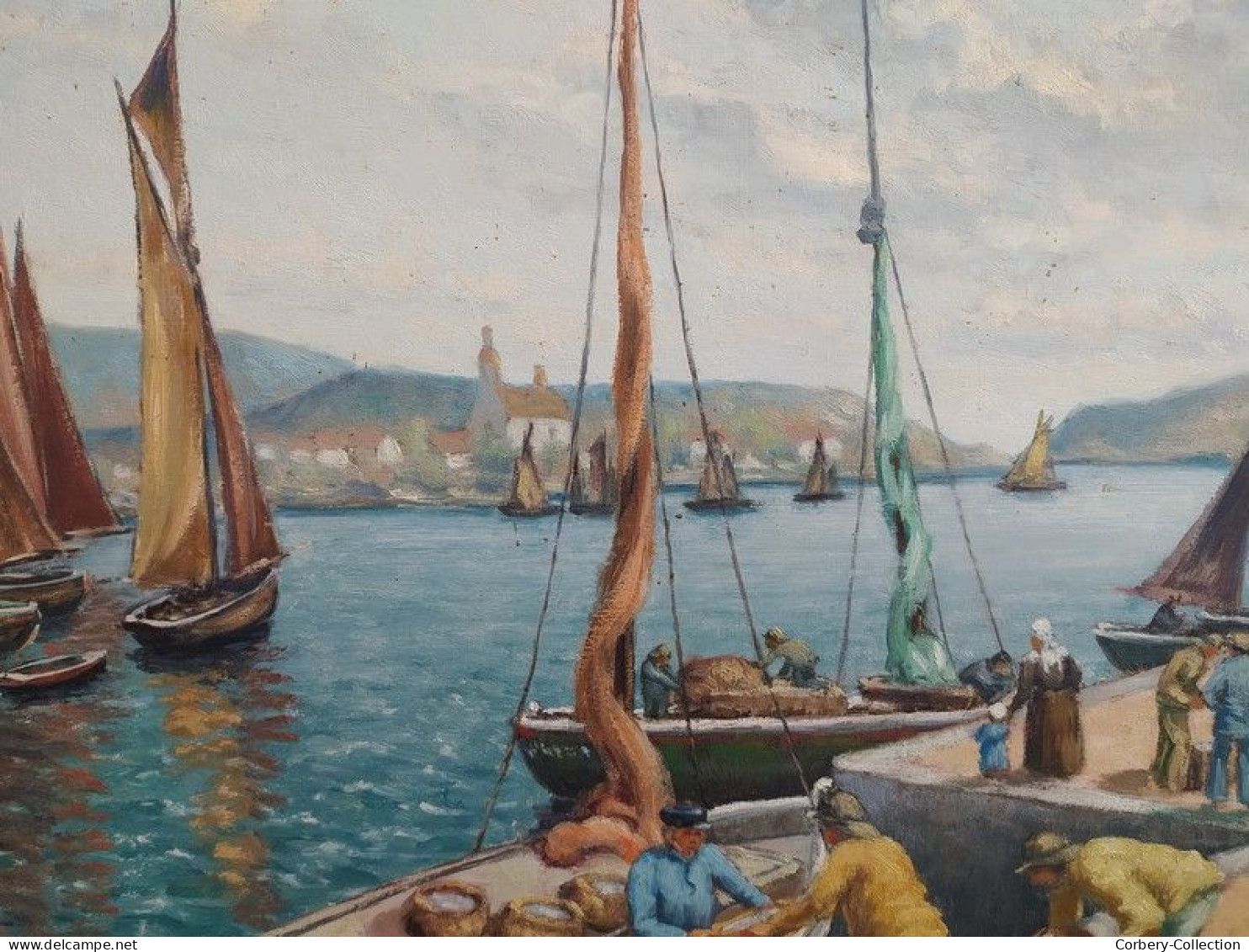 Ancien Tableau Marine Pêcheurs Bretagne Signé L. Masson Paysage Breton