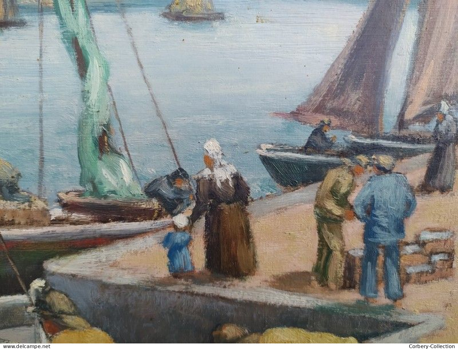 Ancien Tableau Marine Pêcheurs Bretagne Signé L. Masson Paysage Breton