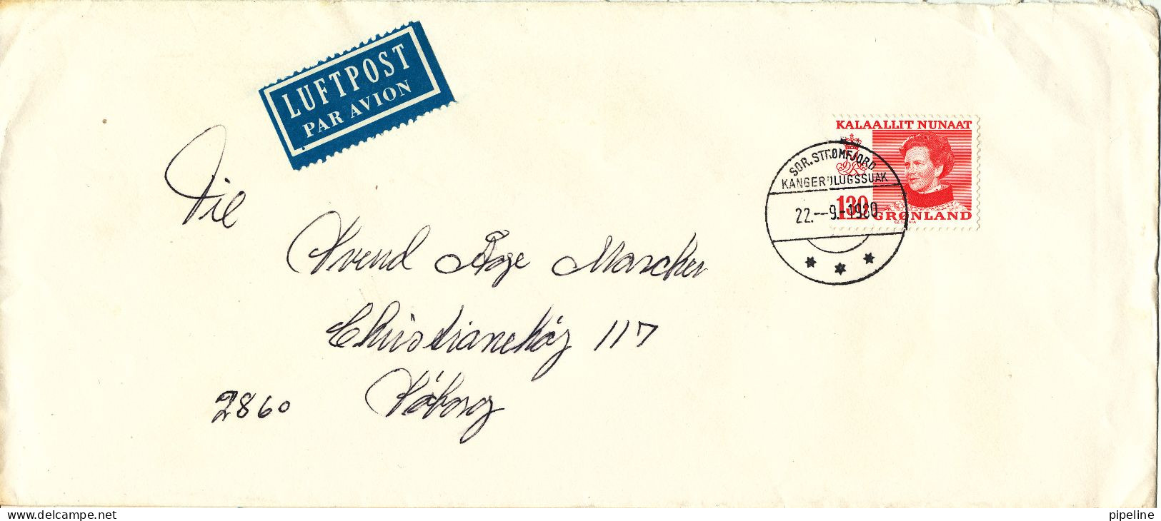 Greenland Cover Sent To Denmark 22-9-1980 Single Franked - Storia Postale