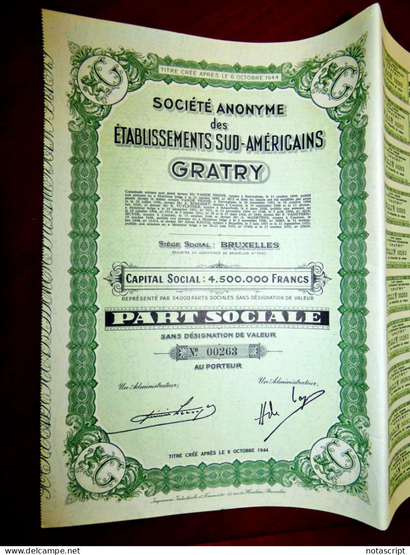 Établissements Sud- Americains Gratry 1955 Brussels Share Certificate - Tessili